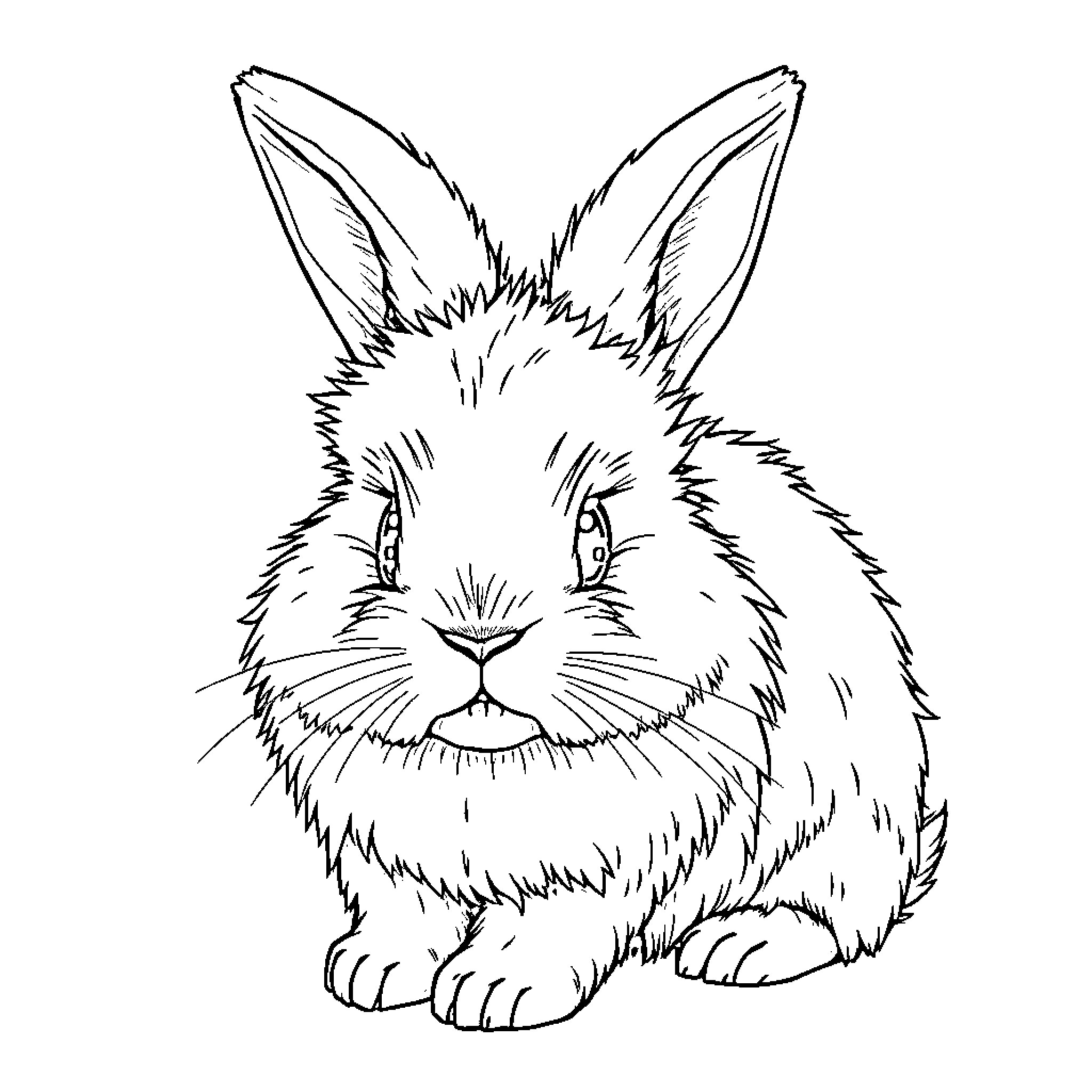 Rabbit with expressive features and fluffy appearance Coloring Page (free black-and-white line drawing printable PDF for all, from beginners to advanced learners, including children, teens, adults, and seniors)