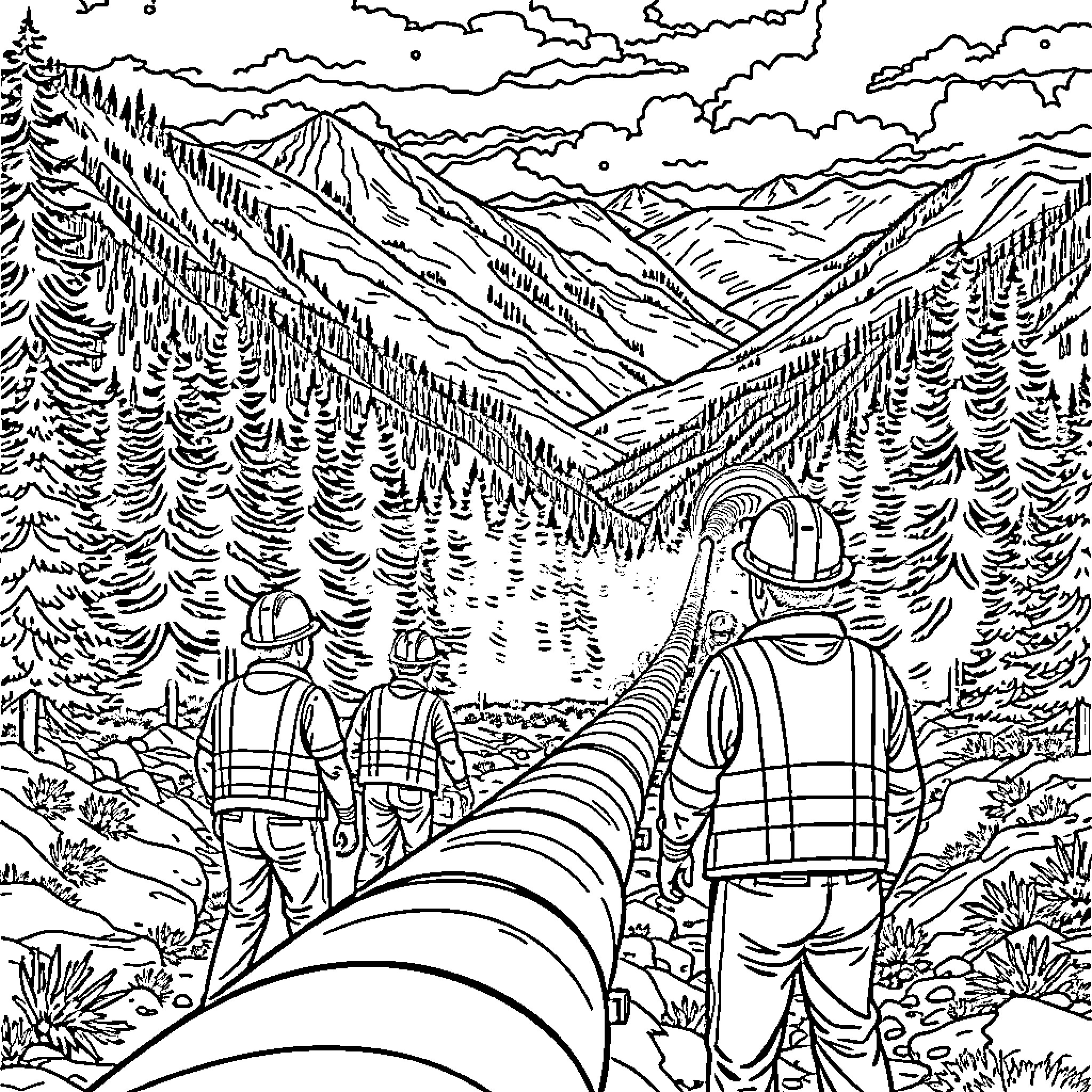 Construction Workers Building a Mountain Pipeline Coloring Page (free black-and-white line drawing printable PDF for all, from beginners to advanced learners, including children, teens, adults, and seniors)