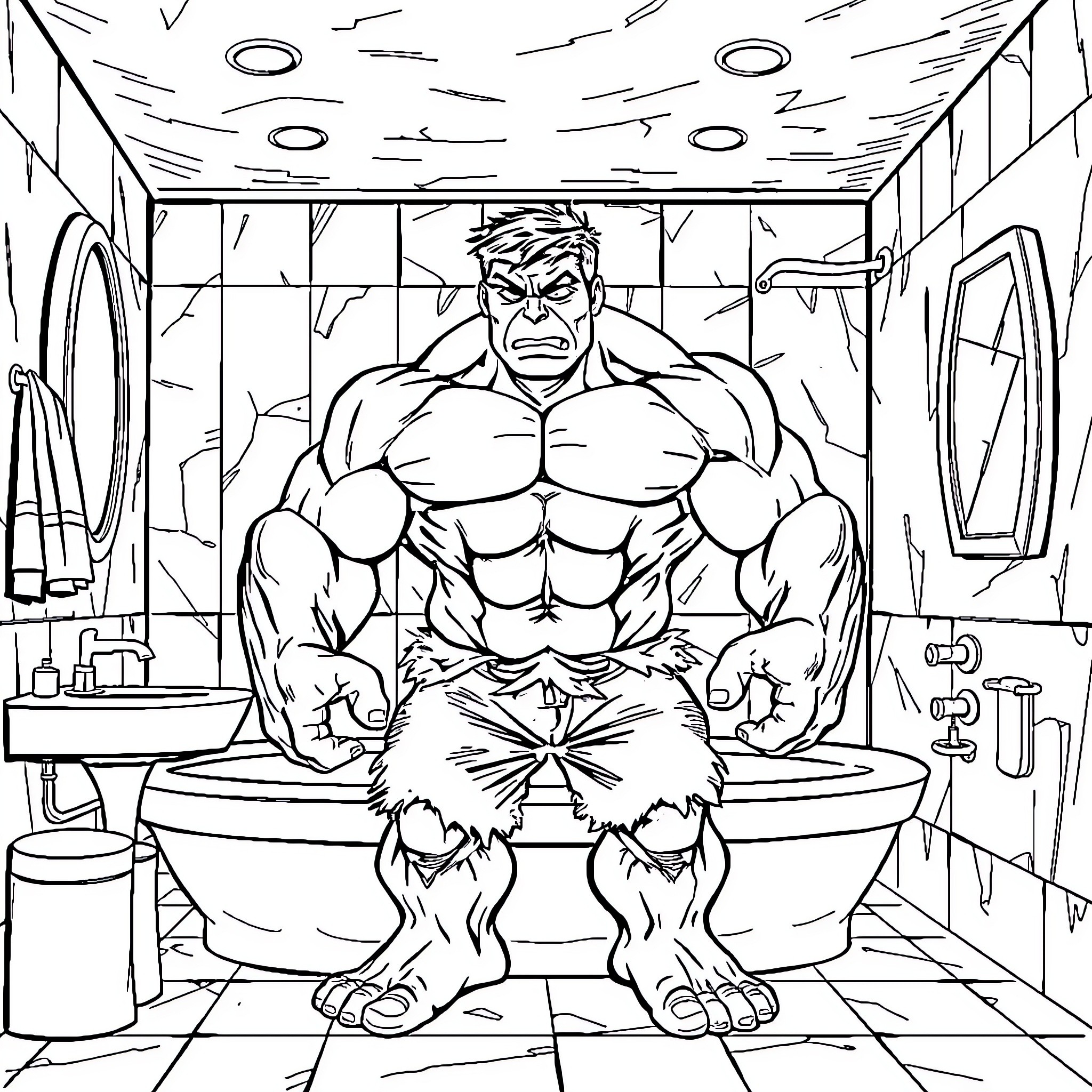 Hulk Relaxing in Bathroom after Intense Workout Coloring Page (free black-and-white line drawing printable PDF for all, from beginners to advanced learners, including children, teens, adults, and seniors)