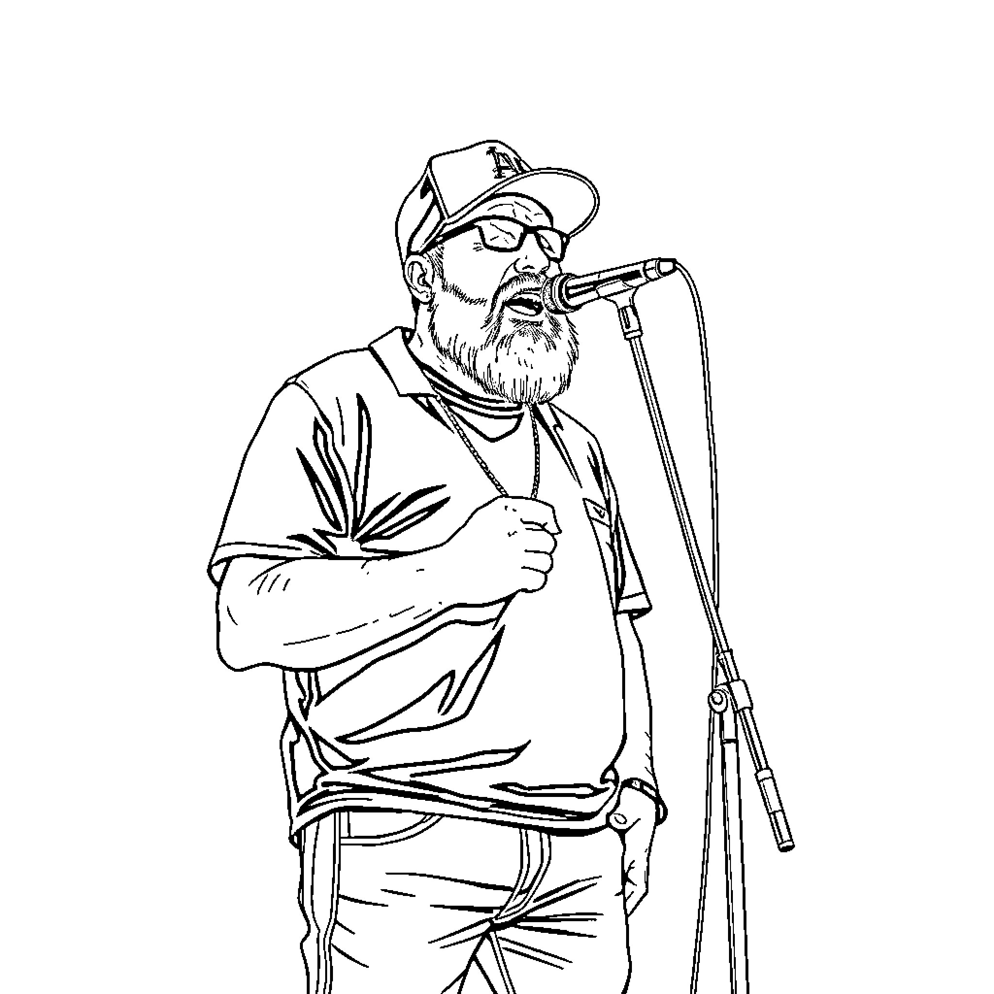 Fred Durst Performing on Stage with Microphone Coloring Page (free black-and-white line drawing printable PDF for all, from beginners to advanced learners, including children, teens, adults, and seniors)