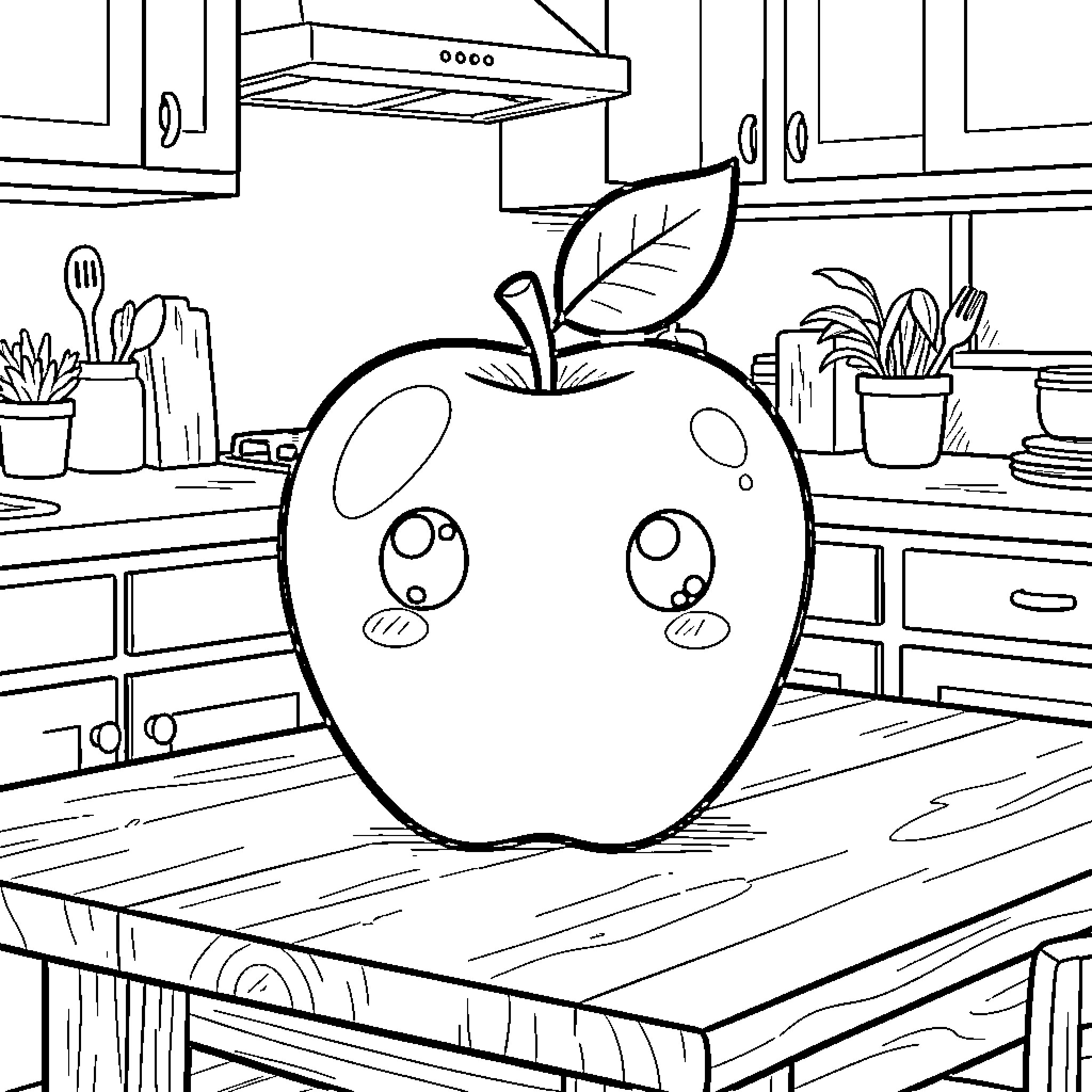 Apple with cute facial expression in kitchen Coloring Page (free black-and-white line drawing printable PDF for all, from beginners to advanced learners, including children, teens, adults, and seniors)