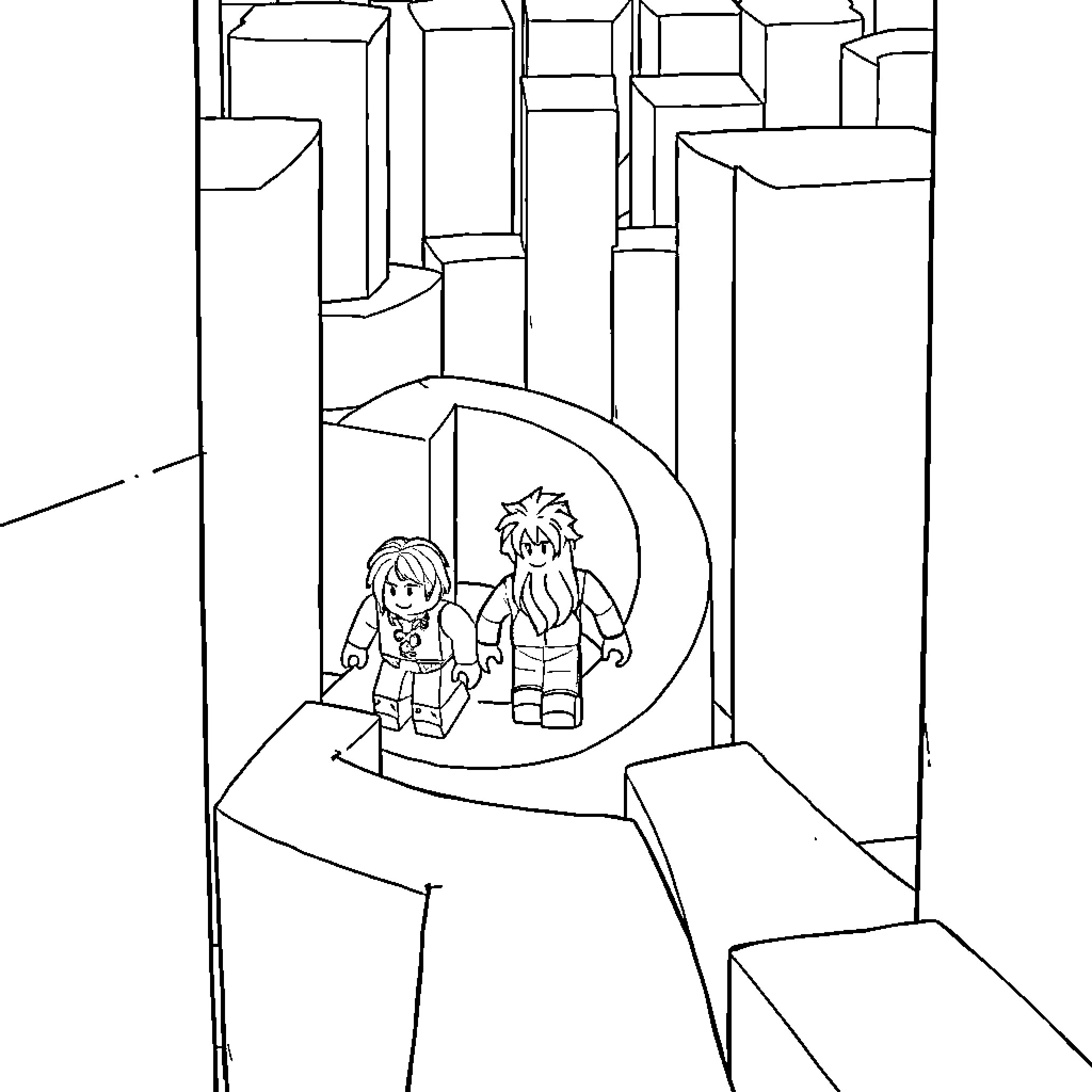Roblox Characters exploring an abstract cityscape Coloring Page (free black-and-white line drawing printable PDF for all, from beginners to advanced learners, including children, teens, adults, and seniors)