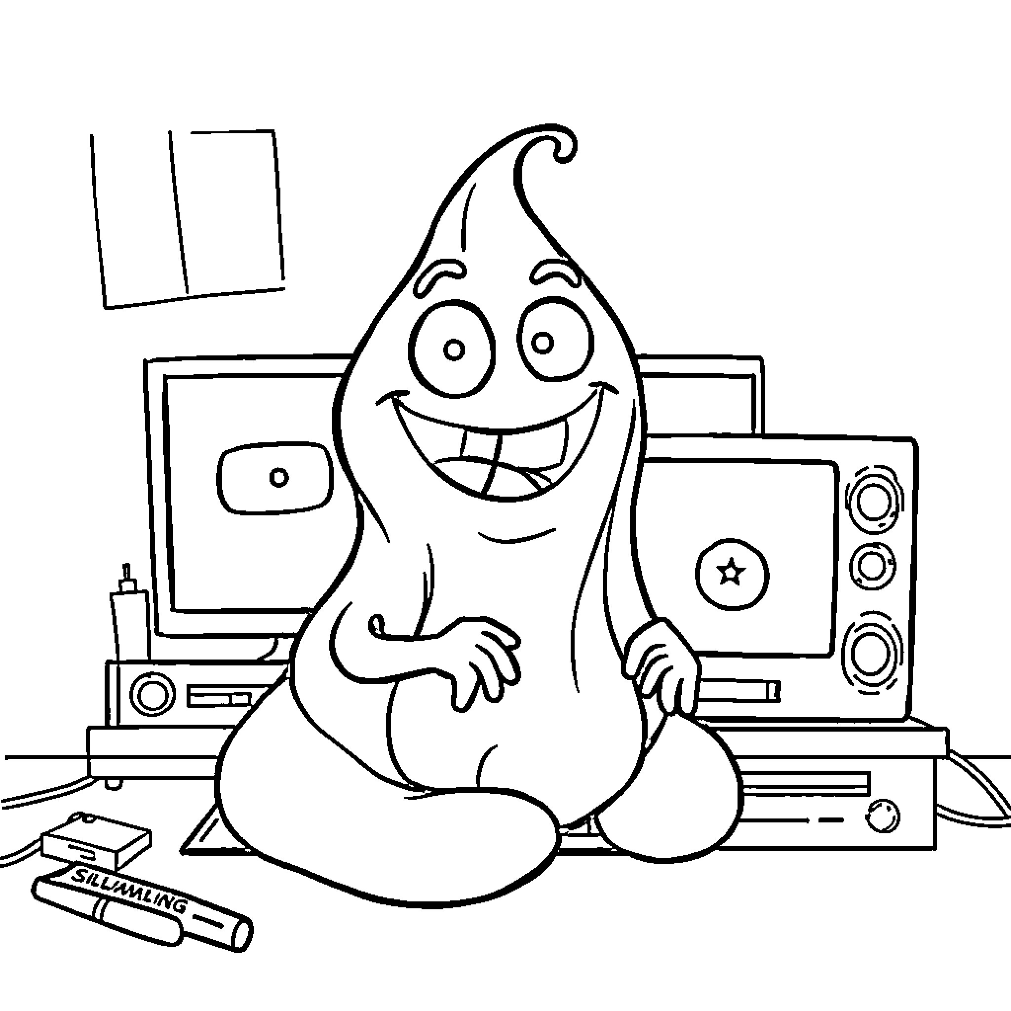 Slime character enjoying electronics and gadgets Coloring Page (free black-and-white line drawing printable PDF for all, from beginners to advanced learners, including children, teens, adults, and seniors)