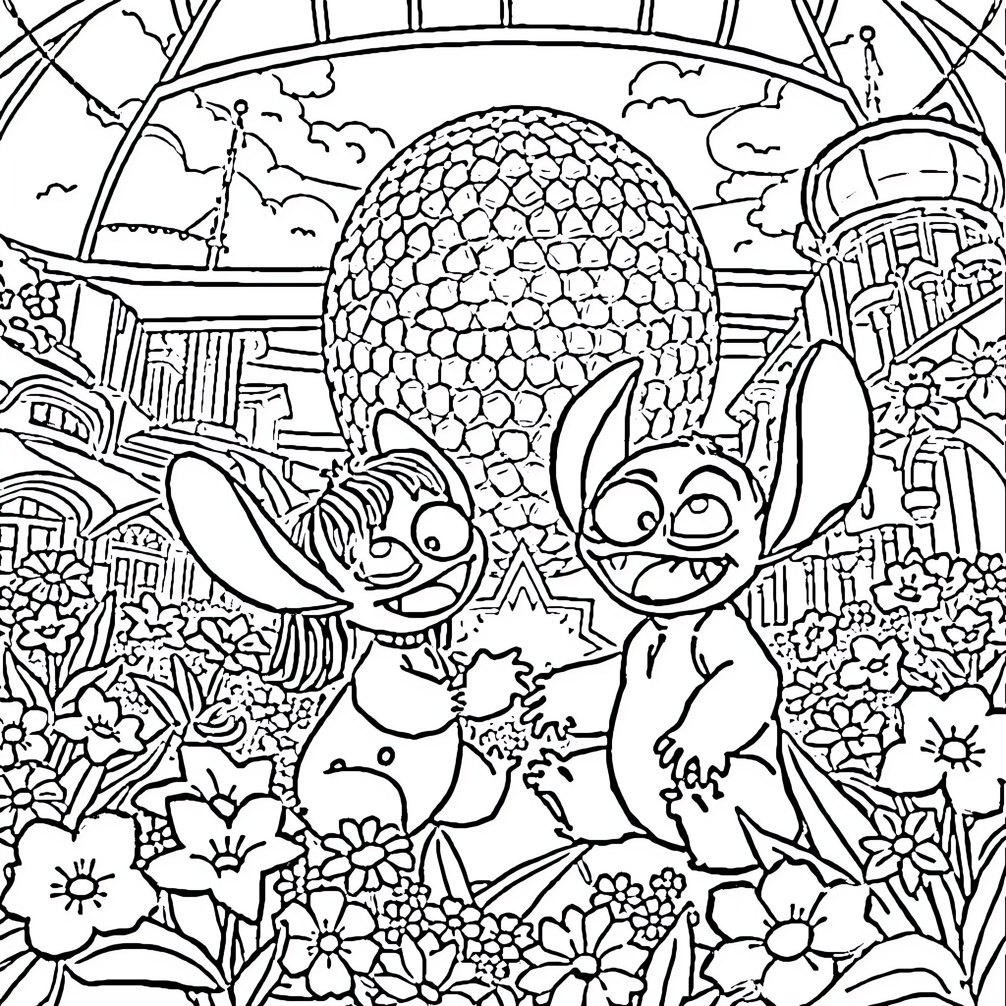 Lilo and Stitch Explore the Enchanting Landscape Coloring Page (free black-and-white line drawing printable PDF for all, from beginners to advanced learners, including children, teens, adults, and seniors)