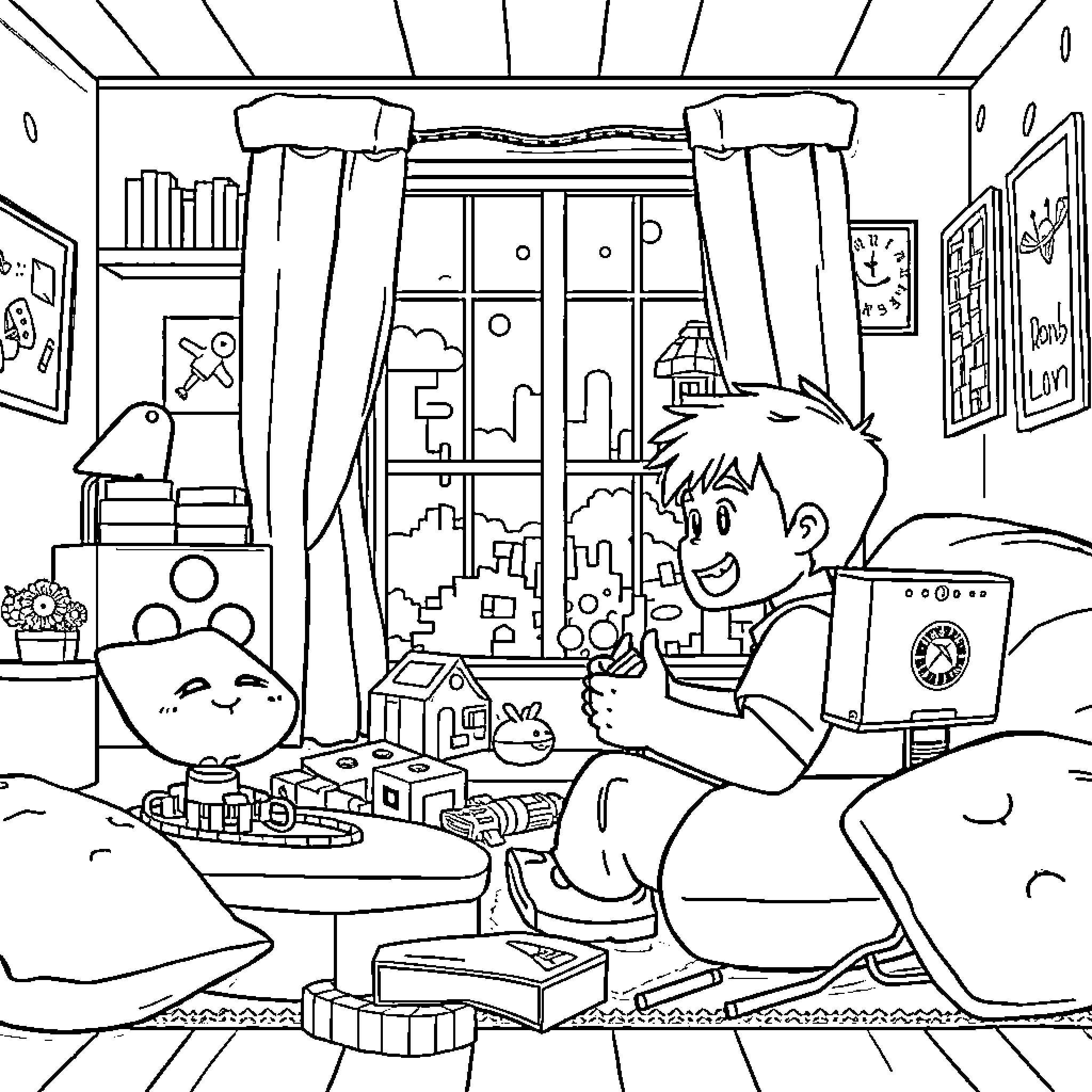 Boy Playing Happily with Toys in His Bedroom Coloring Page (free black-and-white line drawing printable PDF for all, from beginners to advanced learners, including children, teens, adults, and seniors)