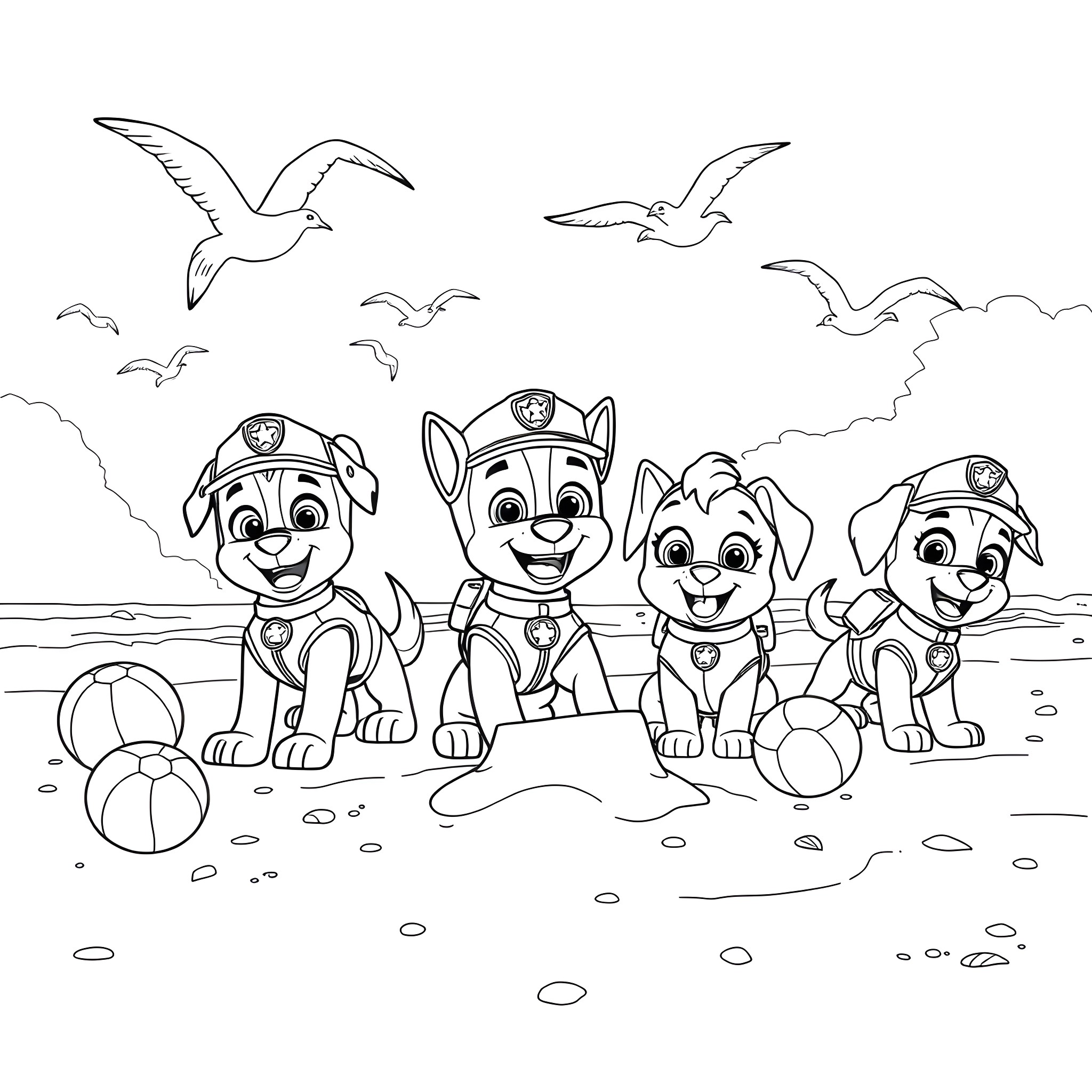 Paw Patrol puppies playing on the beach Coloring Page (free black-and-white line drawing printable PDF for all, from beginners to advanced learners, including children, teens, adults, and seniors)