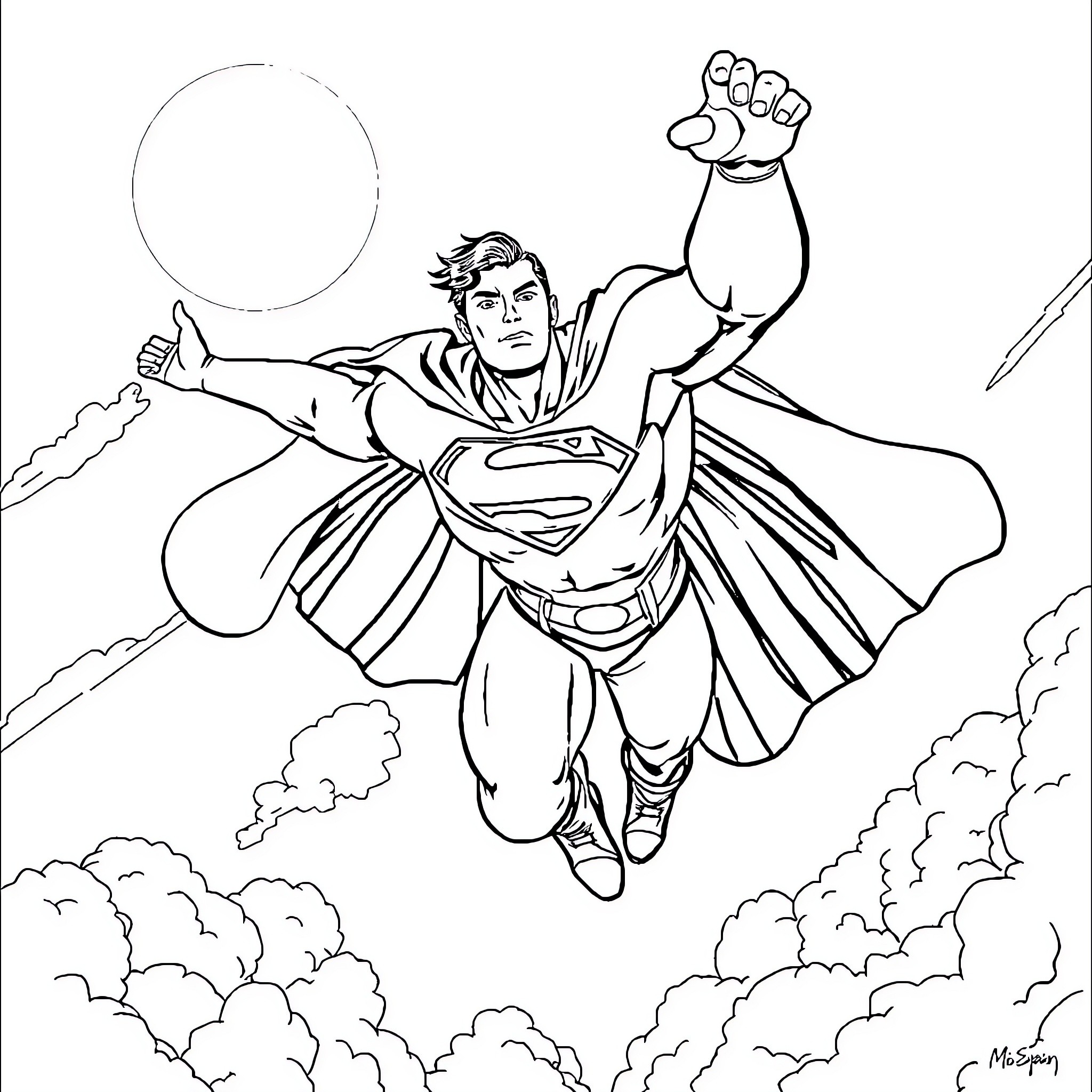 Superman leaping through the sky with power and determination Coloring Page (free black-and-white line drawing printable PDF for all, from beginners to advanced learners, including children, teens, adults, and seniors)