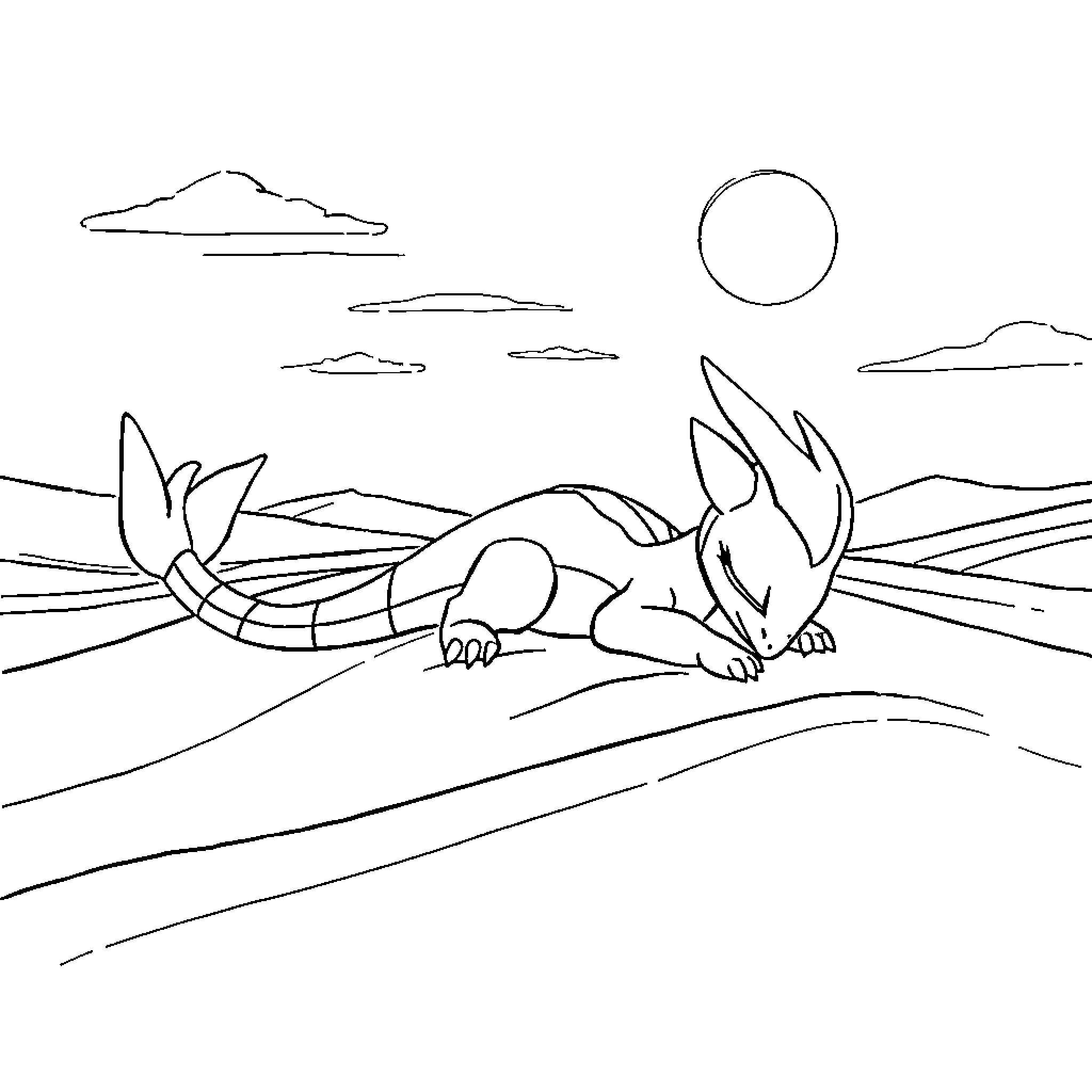 Flygon resting in a peaceful landscape Coloring Page (free black-and-white line drawing printable PDF for all, from beginners to advanced learners, including children, teens, adults, and seniors)