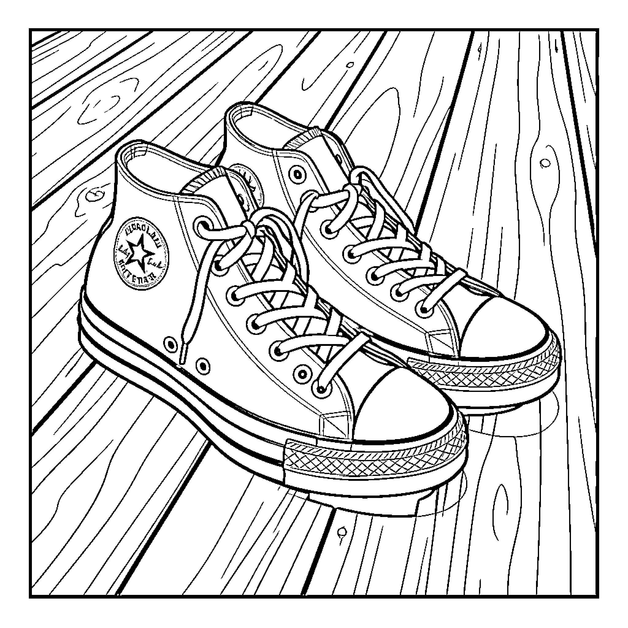 Converse sneakers on a wooden floor Coloring Page (free black-and-white line drawing printable PDF for all, from beginners to advanced learners, including children, teens, adults, and seniors)