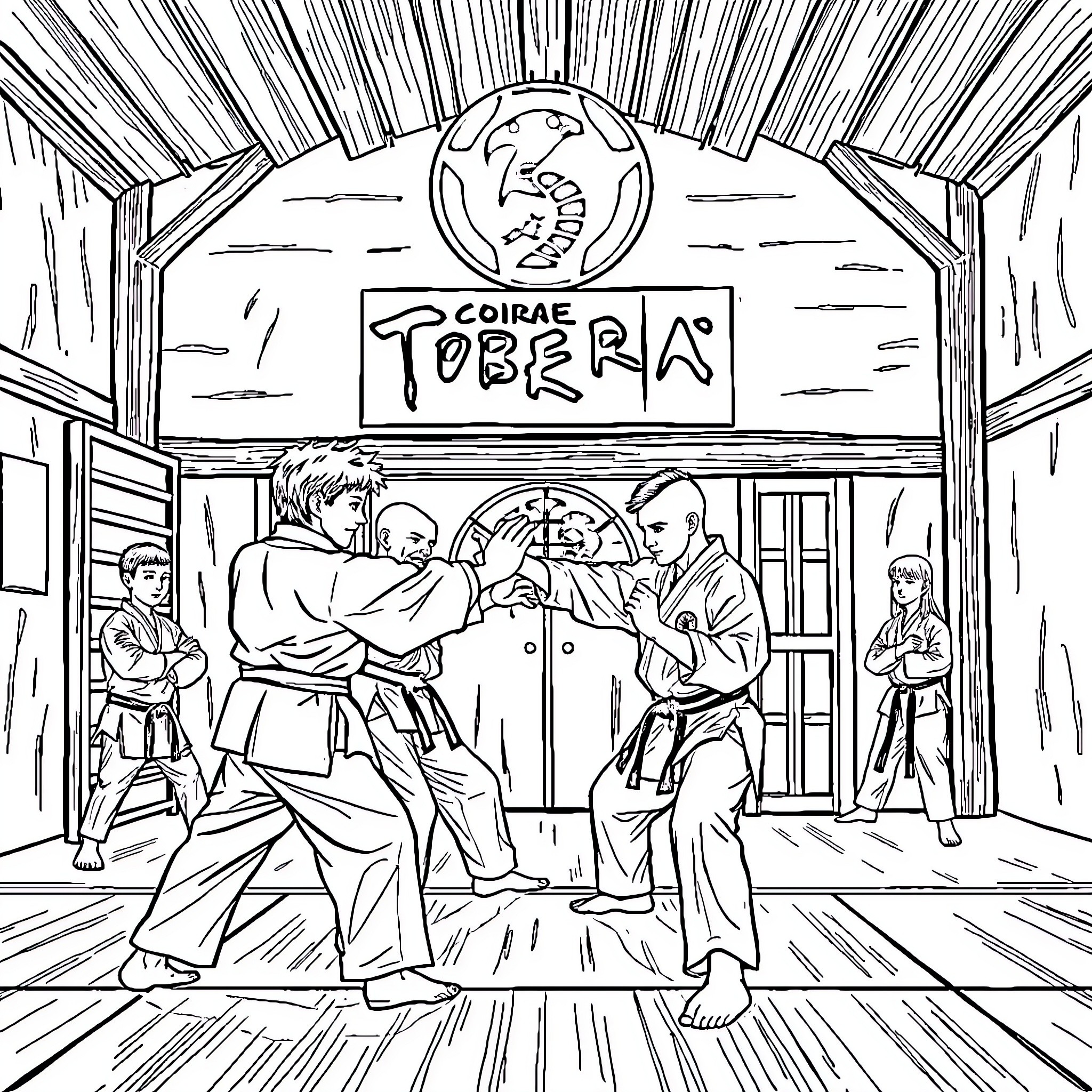 Cobra Kai students in intense martial arts training Coloring Page (free black-and-white line drawing printable PDF for all, from beginners to advanced learners, including children, teens, adults, and seniors)
