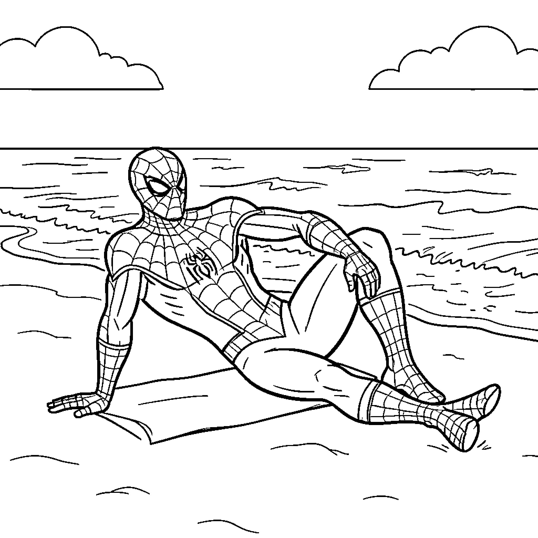 Spiderman relaxing on a beach towel by the ocean Coloring Page (free black-and-white line drawing printable PDF for all, from beginners to advanced learners, including children, teens, adults, and seniors)