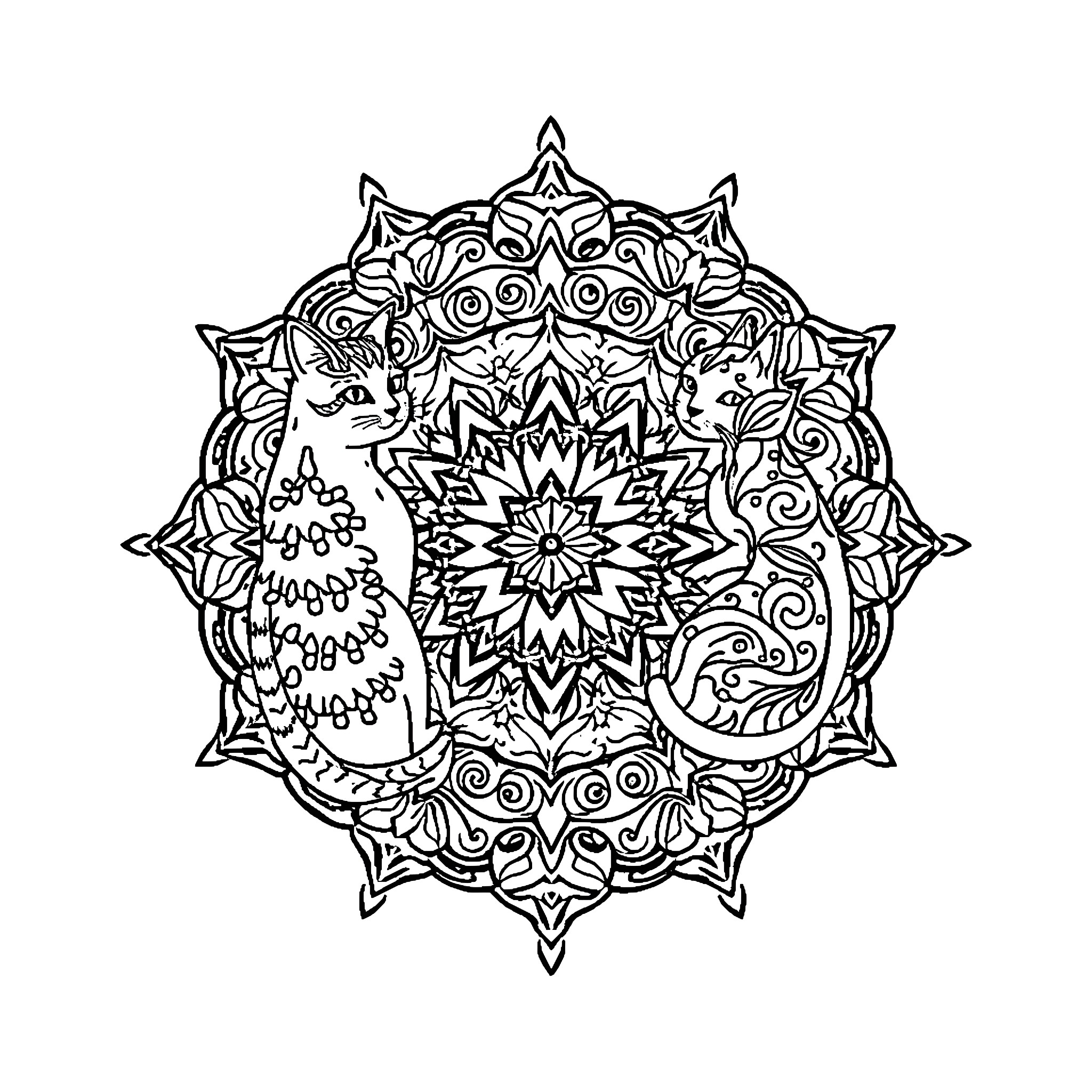 Cat Mandala Coloring Illustration Coloring Page (free black-and-white line drawing printable PDF for all, from beginners to advanced learners, including children, teens, adults, and seniors)