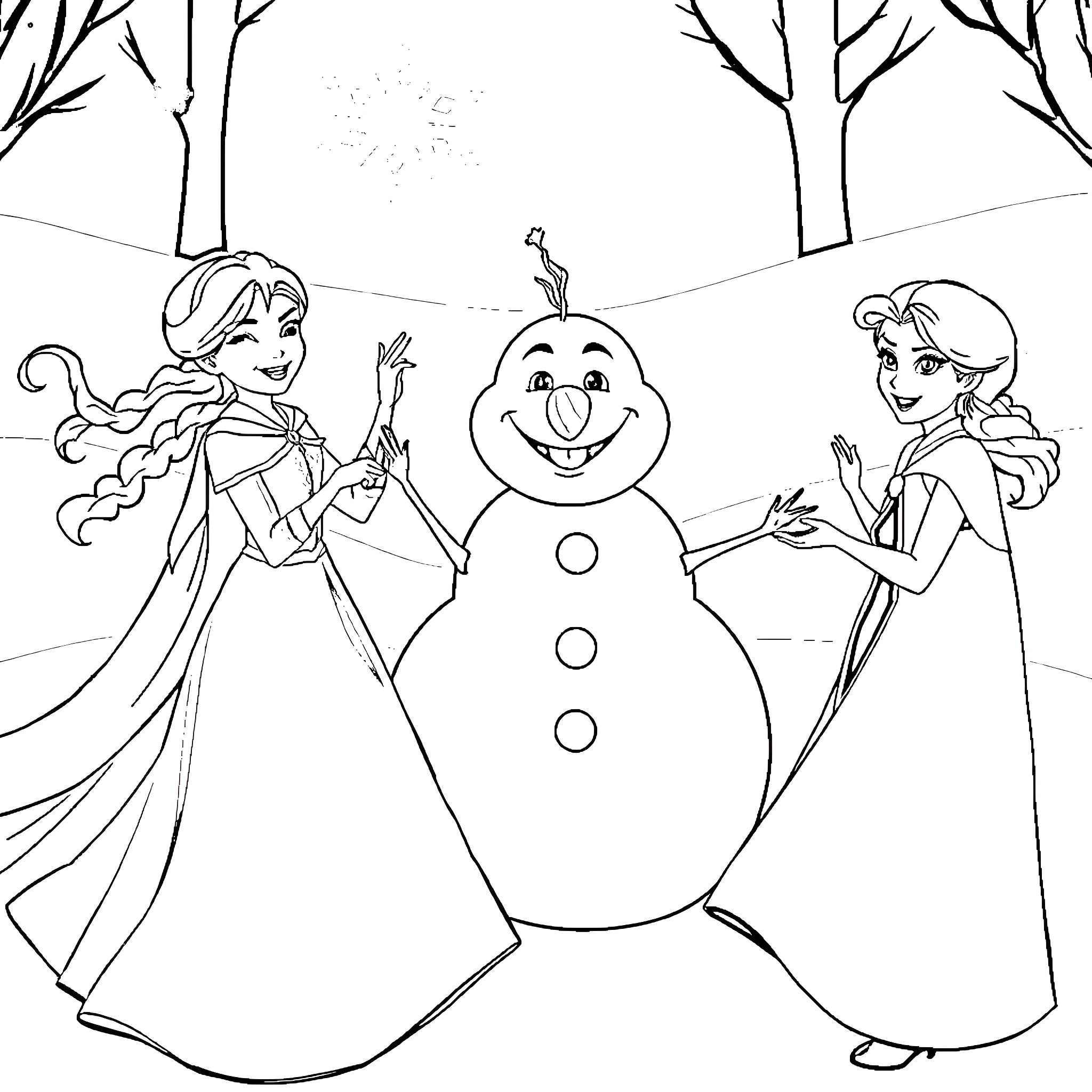 Girls Playing with Snowman in Wintry Scene Coloring Page (free black-and-white line drawing printable PDF for all, from beginners to advanced learners, including children, teens, adults, and seniors)