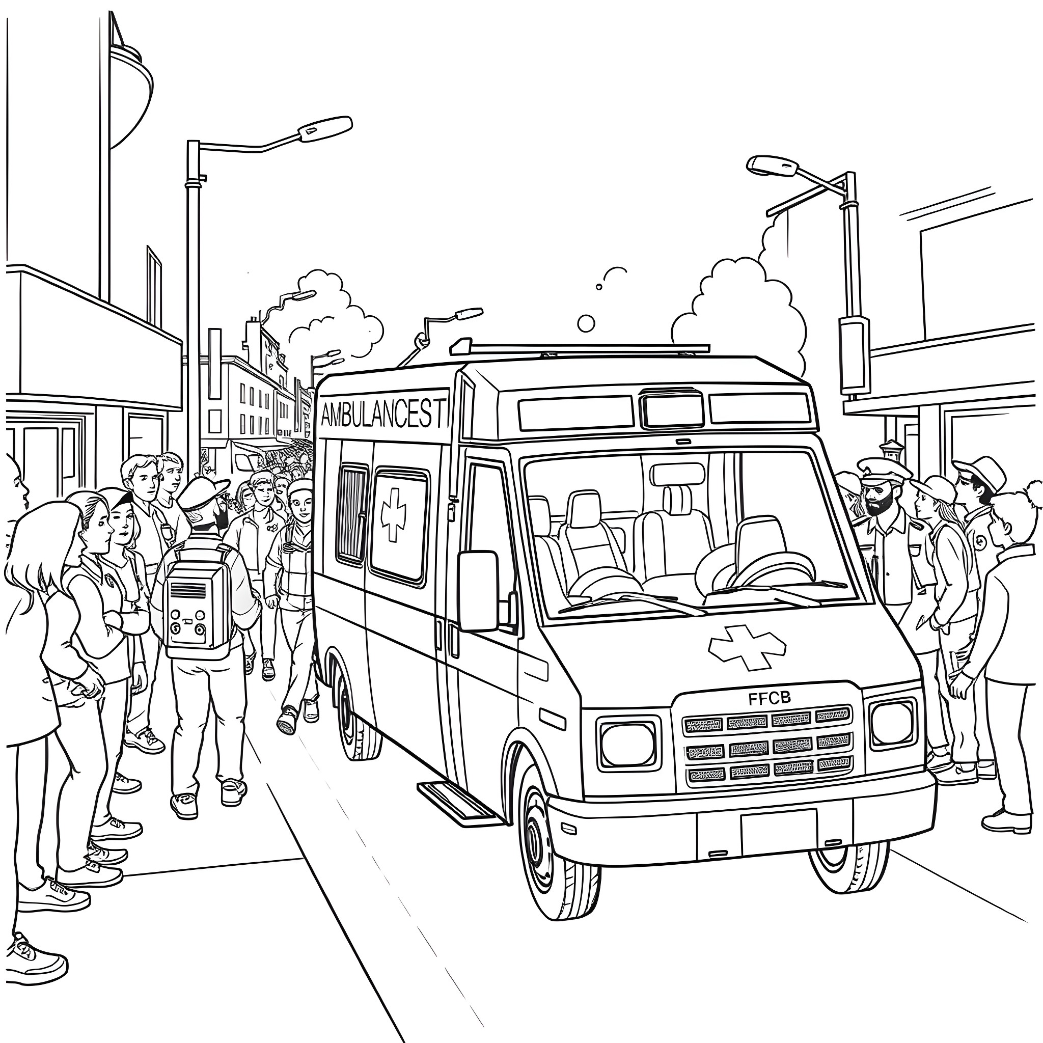 Ambulance responding to emergency on city street Coloring Page (free black-and-white line drawing printable PDF for all, from beginners to advanced learners, including children, teens, adults, and seniors)