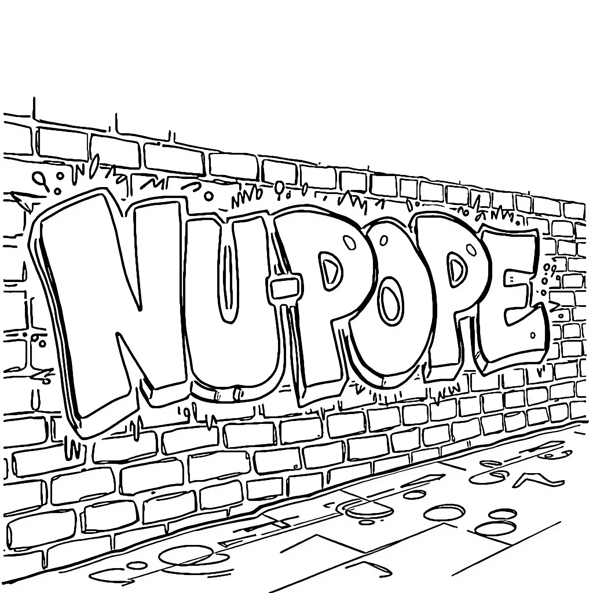 NU-POPE Graffiti Art on Brick Wall Coloring Page (free black-and-white line drawing printable PDF for all, from beginners to advanced learners, including children, teens, adults, and seniors)