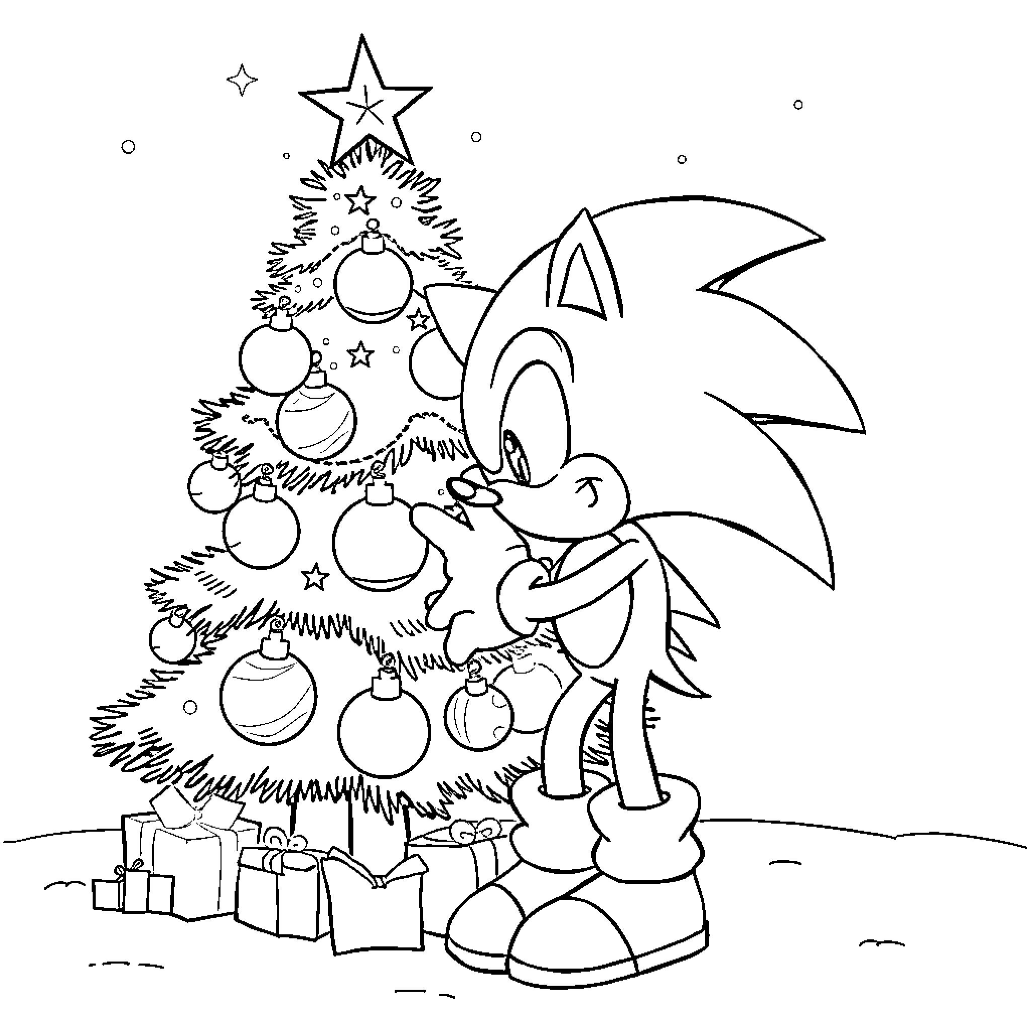 Sonic decorating Christmas tree with ornaments Coloring Page (free black-and-white line drawing printable PDF for all, from beginners to advanced learners, including children, teens, adults, and seniors)