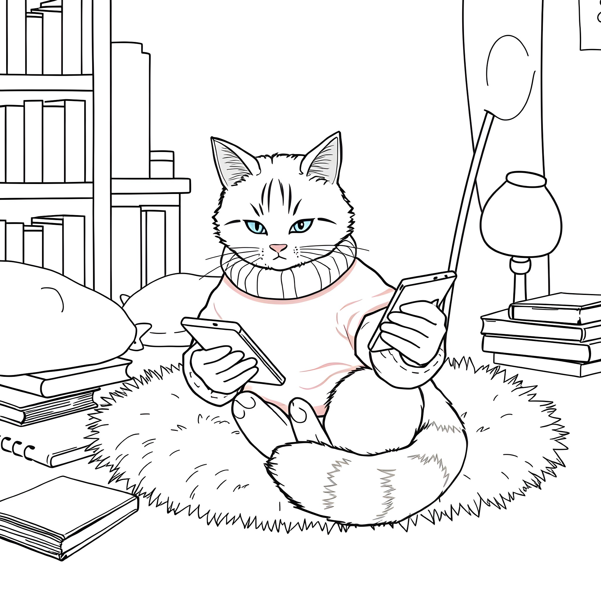 Cat relaxing with book and desk in cozy room Coloring Page (free black-and-white line drawing printable PDF for all, from beginners to advanced learners, including children, teens, adults, and seniors)