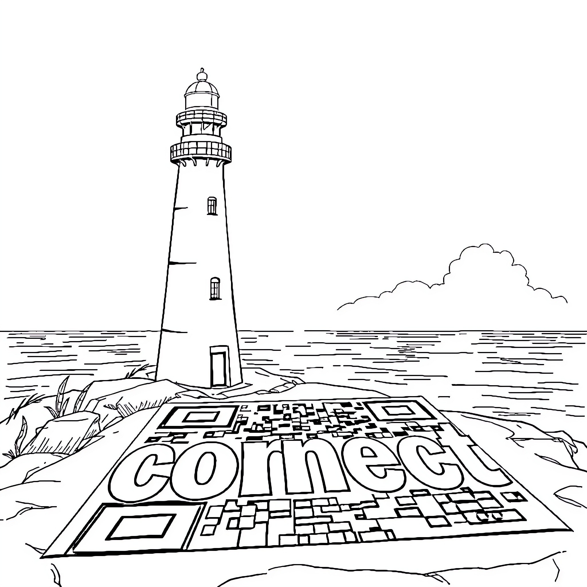 Lighthouse by the Connect code on the shore Coloring Page (free black-and-white line drawing printable PDF for all, from beginners to advanced learners, including children, teens, adults, and seniors)