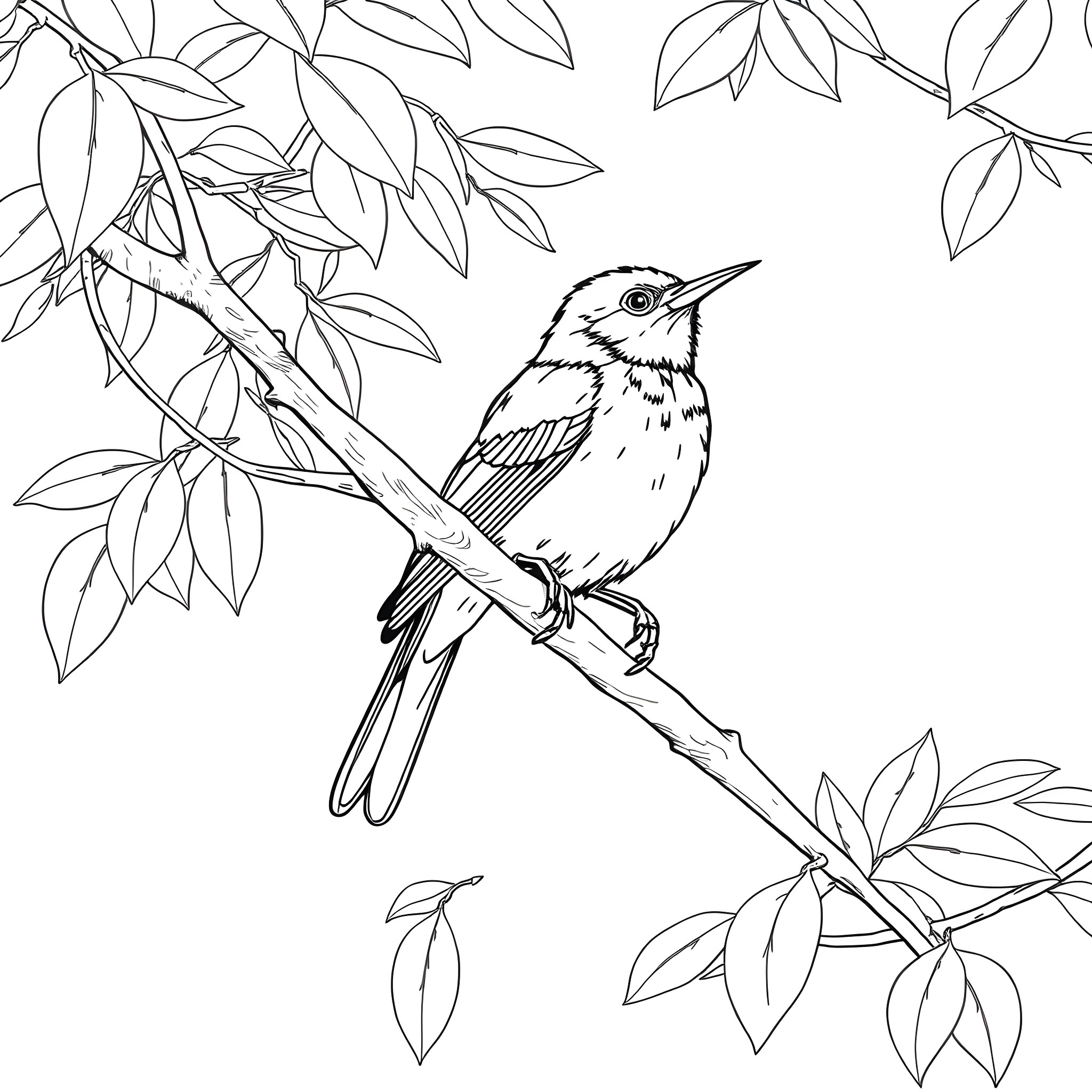 Honeycreeper bird perched on branch with leaves Coloring Page (free black-and-white line drawing printable PDF for all, from beginners to advanced learners, including children, teens, adults, and seniors)