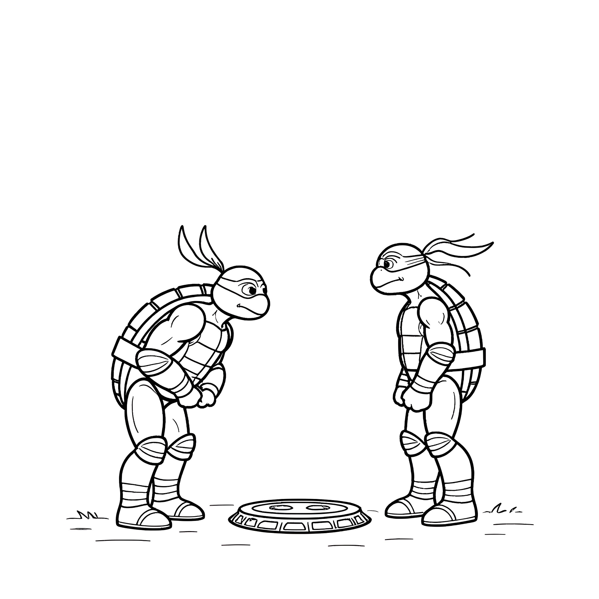 Teenage Mutant Ninja Turtles in Playful Interaction Coloring Page (free black-and-white line drawing printable PDF for all, from beginners to advanced learners, including children, teens, adults, and seniors)