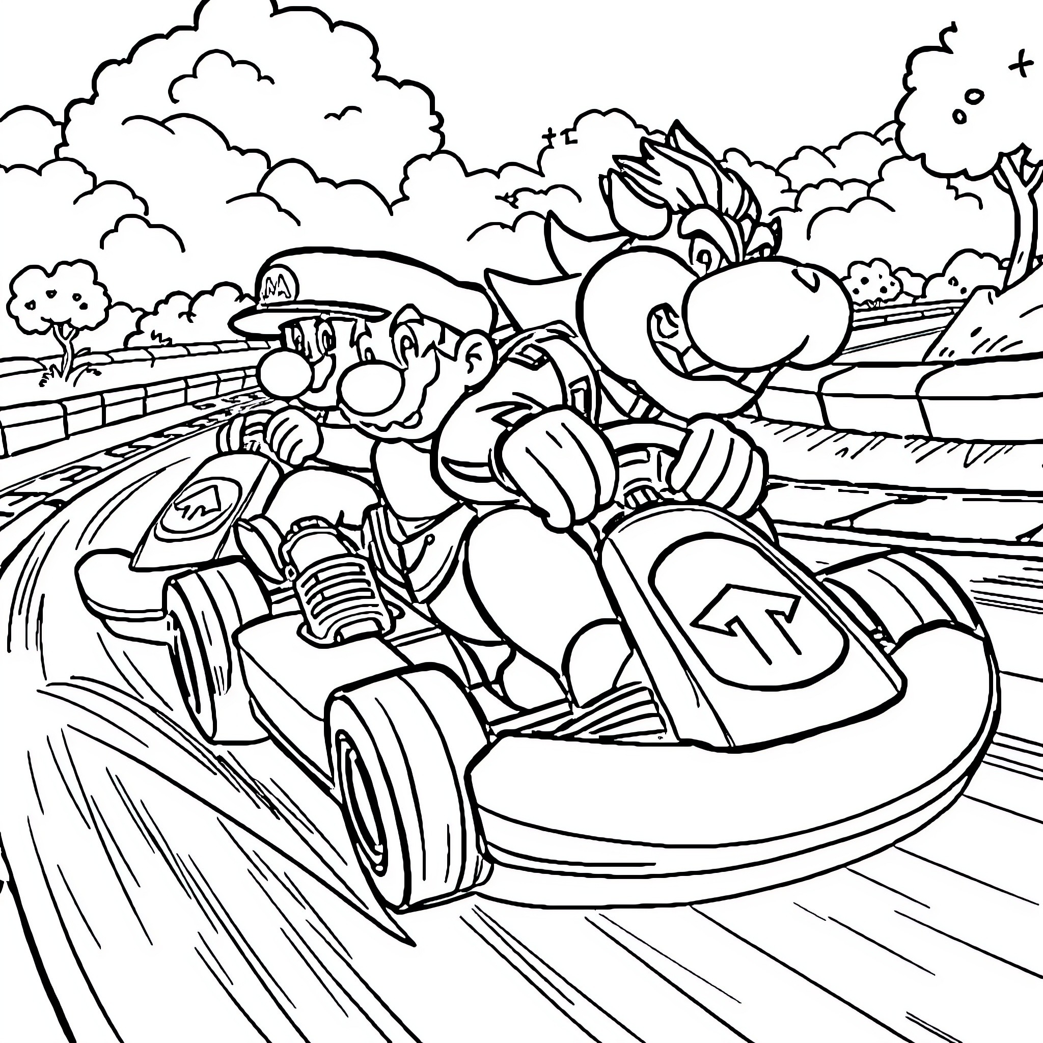 Mario racing in kart on winding track Coloring Page (free black-and-white line drawing printable PDF for all, from beginners to advanced learners, including children, teens, adults, and seniors)