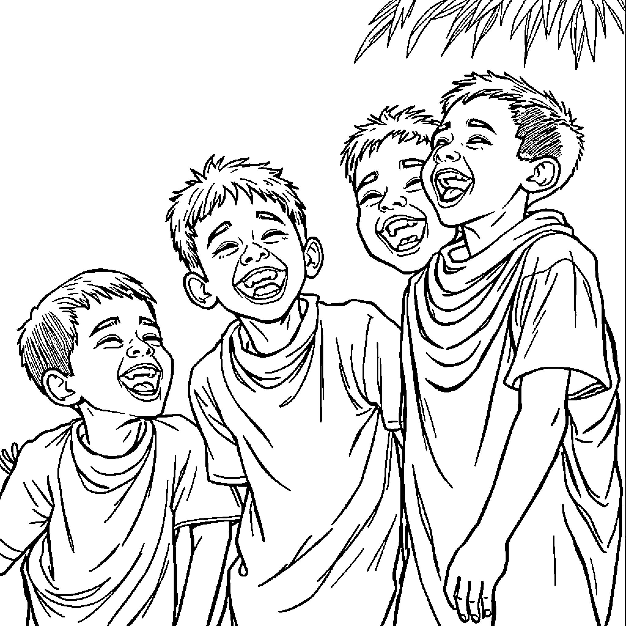 Saja Boy: Playful Laughter and Camaraderie Coloring Page (free black-and-white line drawing printable PDF for all, from beginners to advanced learners, including children, teens, adults, and seniors)