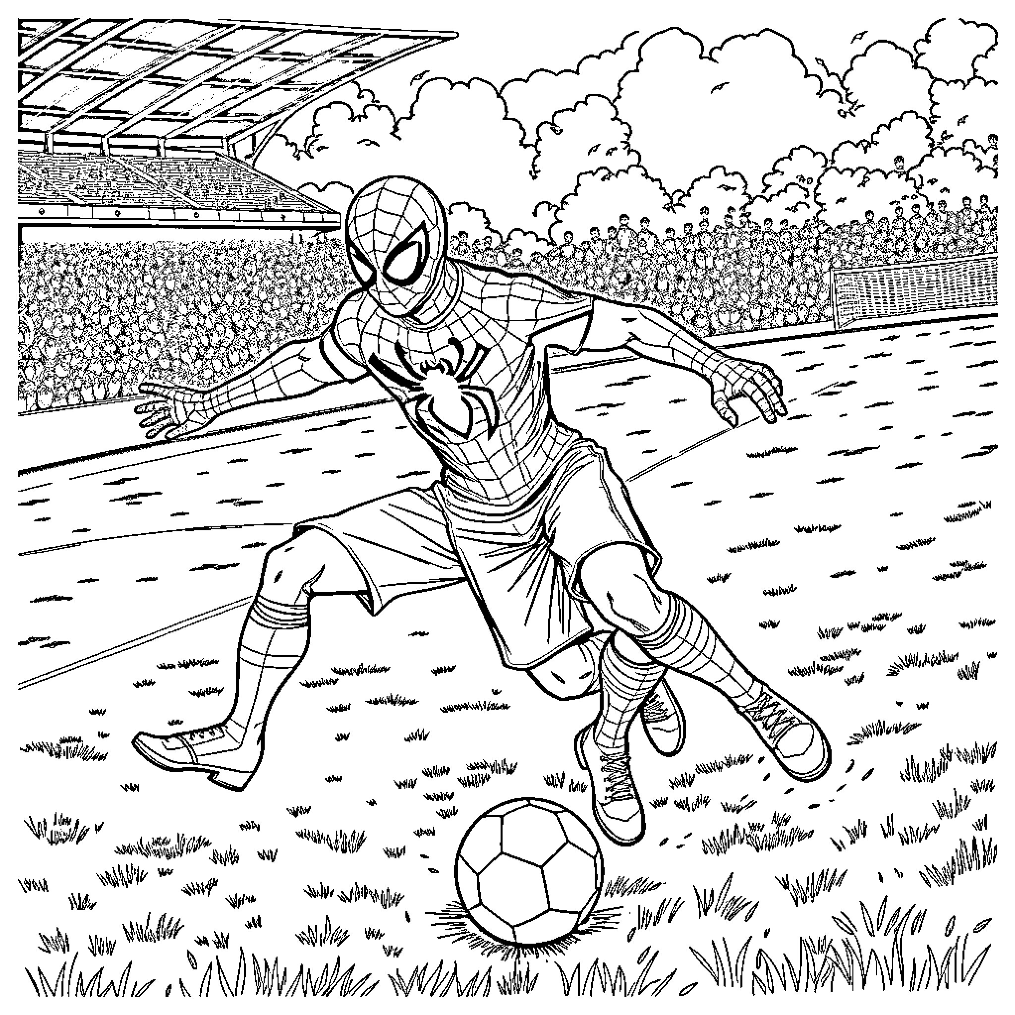 Spiderman playing soccer in a stadium Coloring Page (free black-and-white line drawing printable PDF for all, from beginners to advanced learners, including children, teens, adults, and seniors)