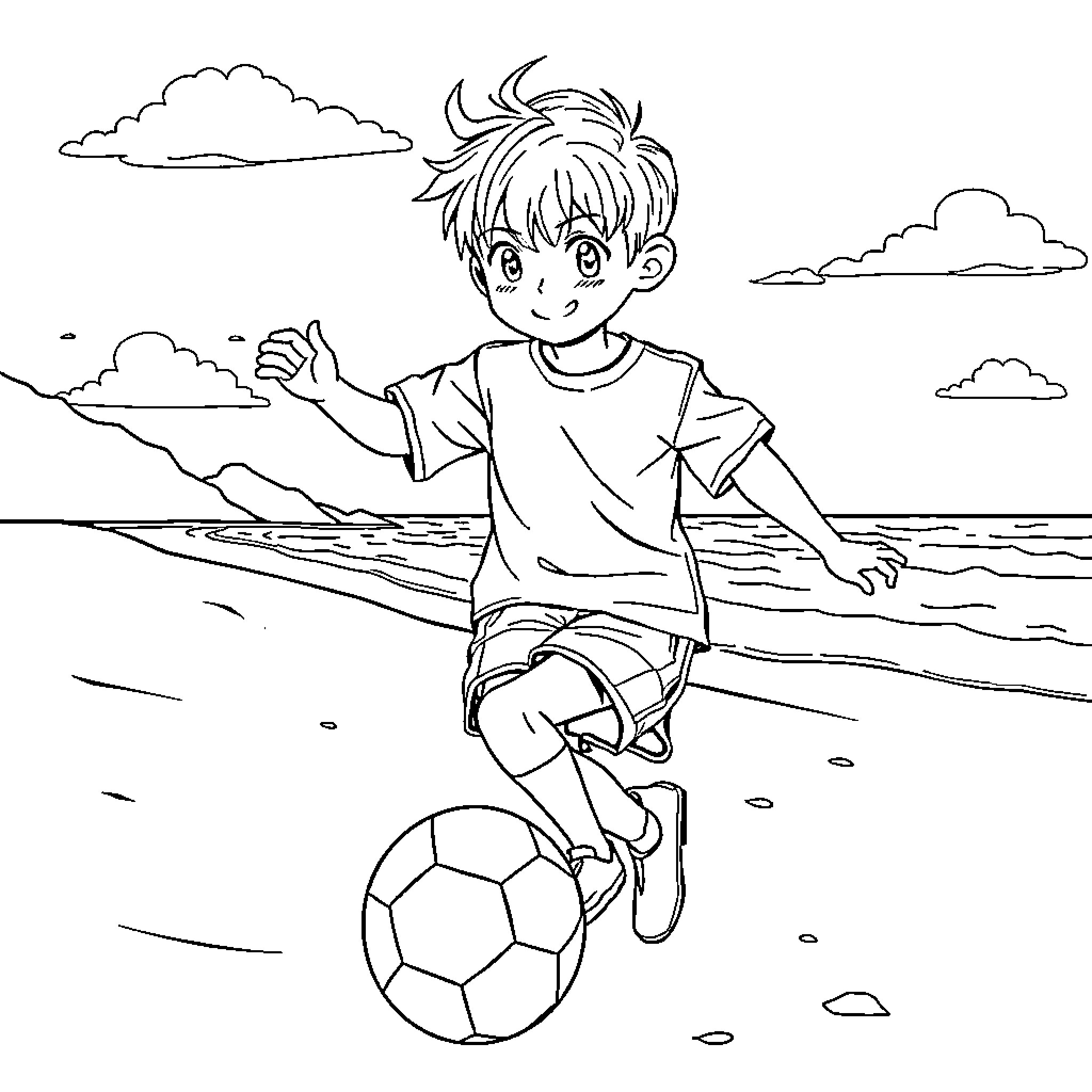 K Pop Boy Enjoying Soccer by the Beach Coloring Page (free black-and-white line drawing printable PDF for all, from beginners to advanced learners, including children, teens, adults, and seniors)