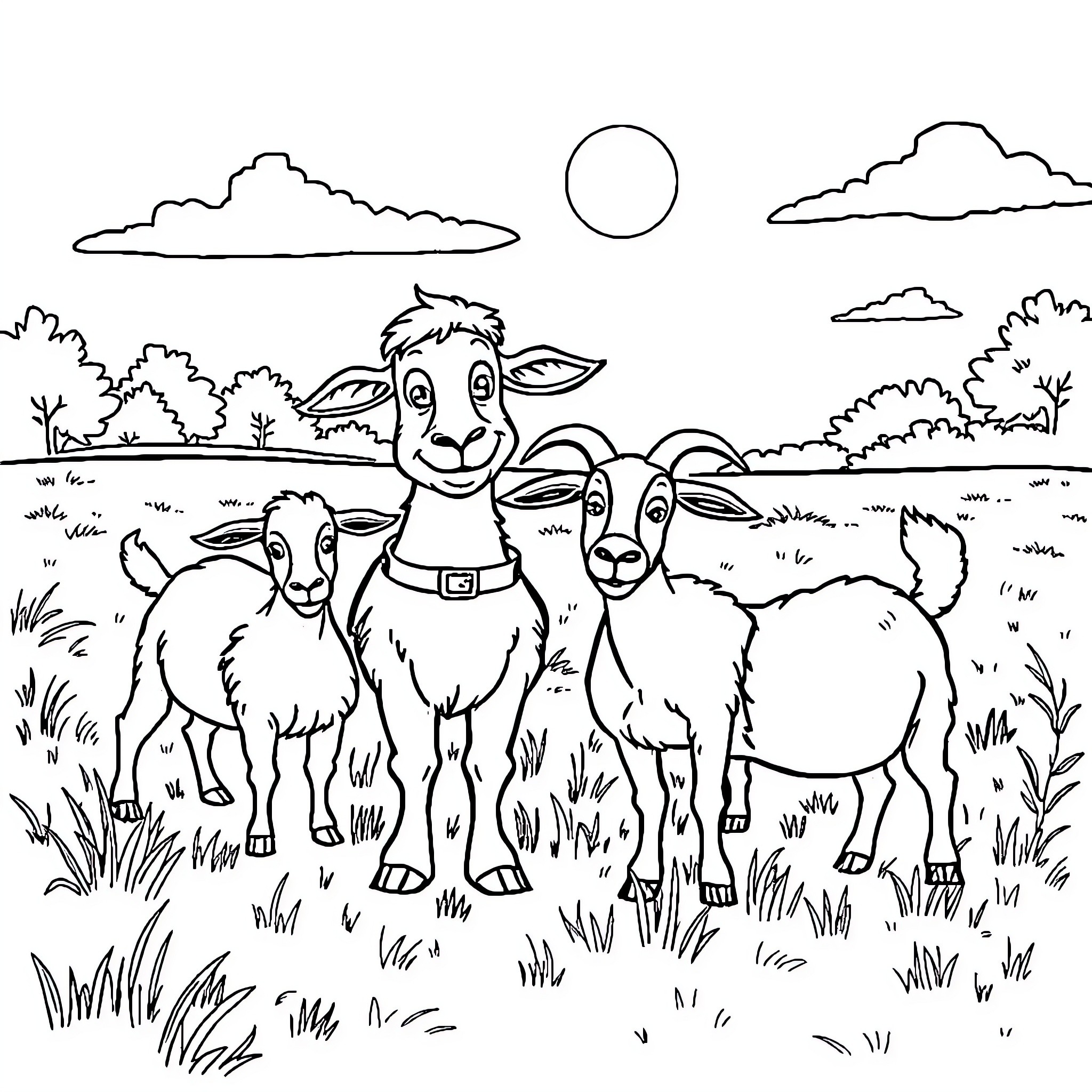 Goats grazing peacefully in a pastoral landscape Coloring Page (free black-and-white line drawing printable PDF for all, from beginners to advanced learners, including children, teens, adults, and seniors)