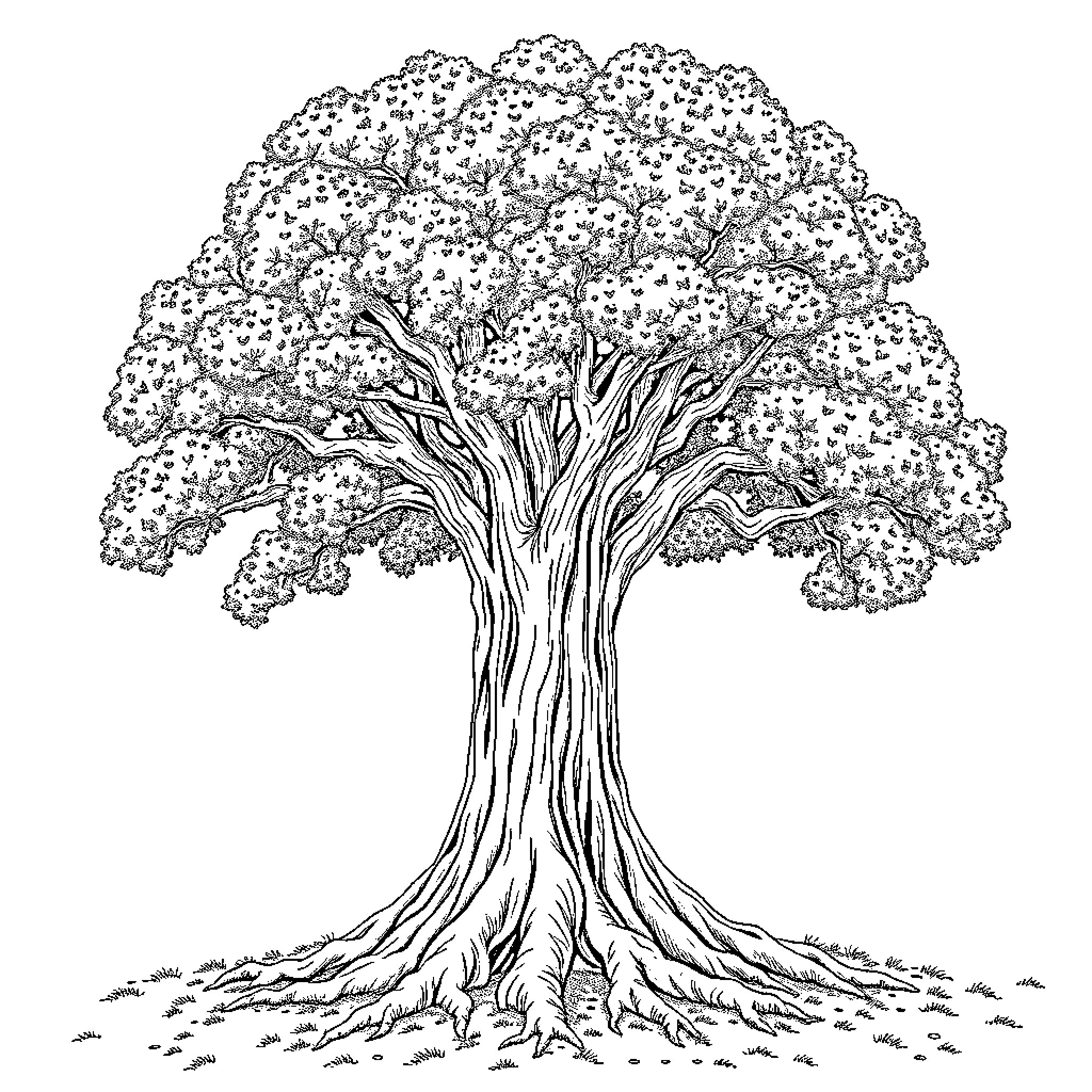 Oak tree with intricate foliage and tangled roots Coloring Page (free black-and-white line drawing printable PDF for all, from beginners to advanced learners, including children, teens, adults, and seniors)
