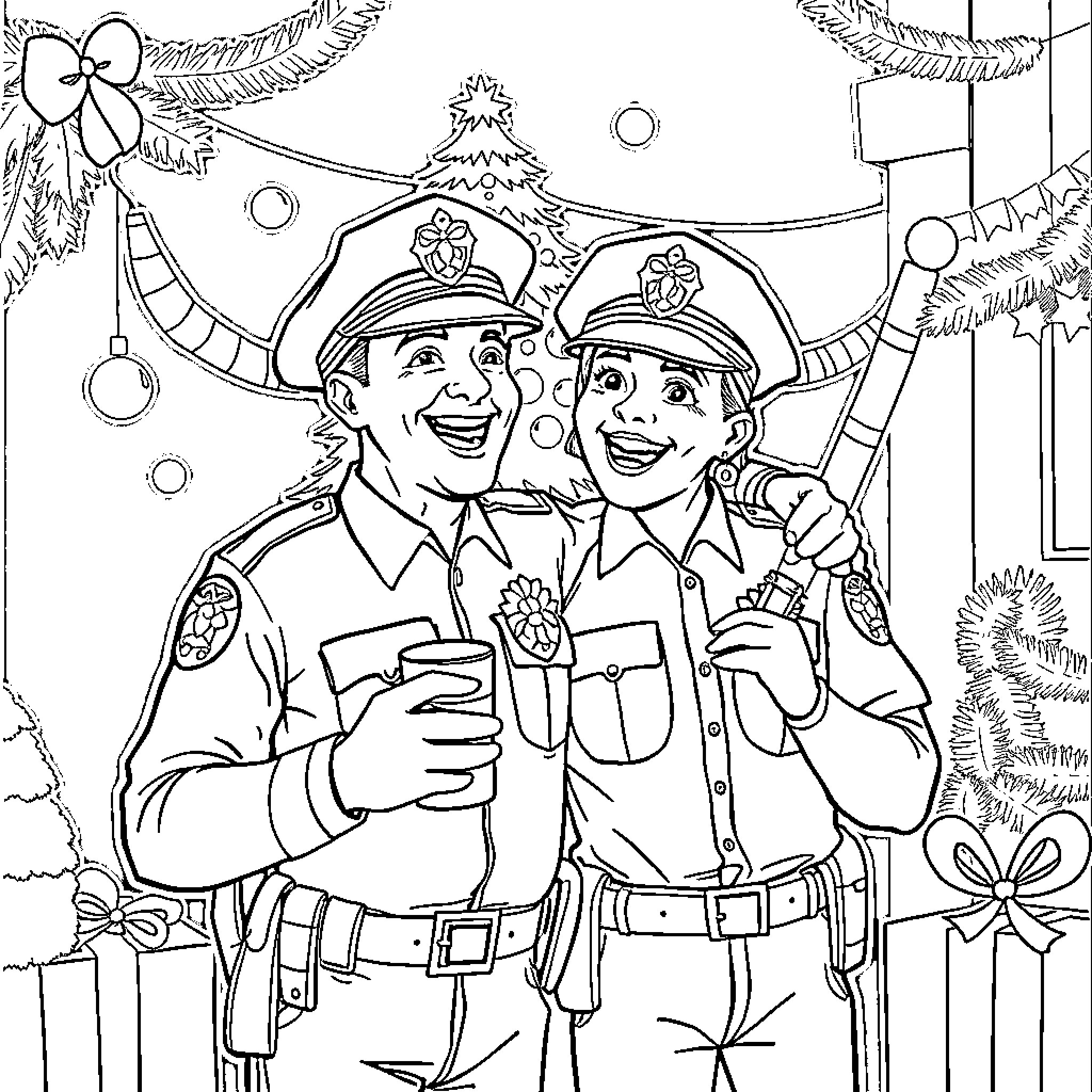 Police Officers Celebrating the Holiday Season Coloring Page (free black-and-white line drawing printable PDF for all, from beginners to advanced learners, including children, teens, adults, and seniors)