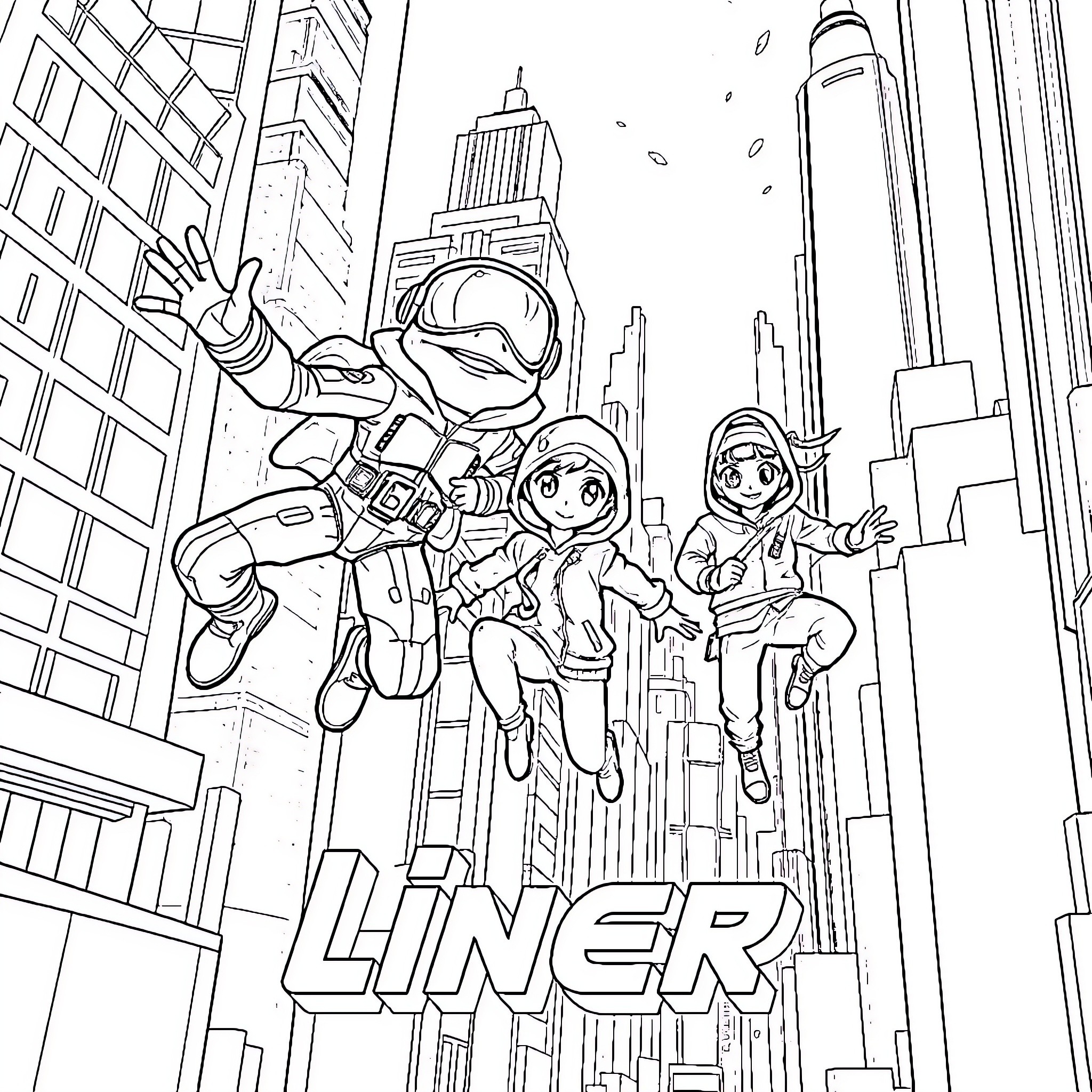 Kotak Astronauts Explore Futuristic City Skyline Coloring Page (free black-and-white line drawing printable PDF for all, from beginners to advanced learners, including children, teens, adults, and seniors)