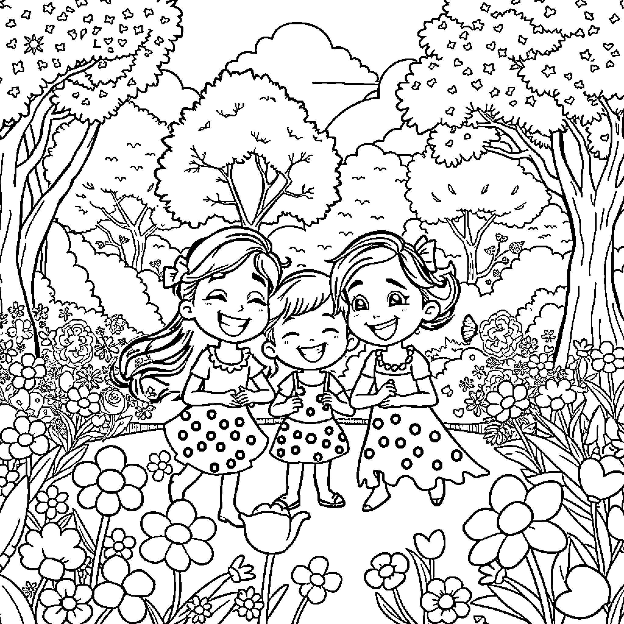 Sea of Love: Children Joyfully Exploring the Enchanted Forest Coloring Page (free black-and-white line drawing printable PDF for all, from beginners to advanced learners, including children, teens, adults, and seniors)