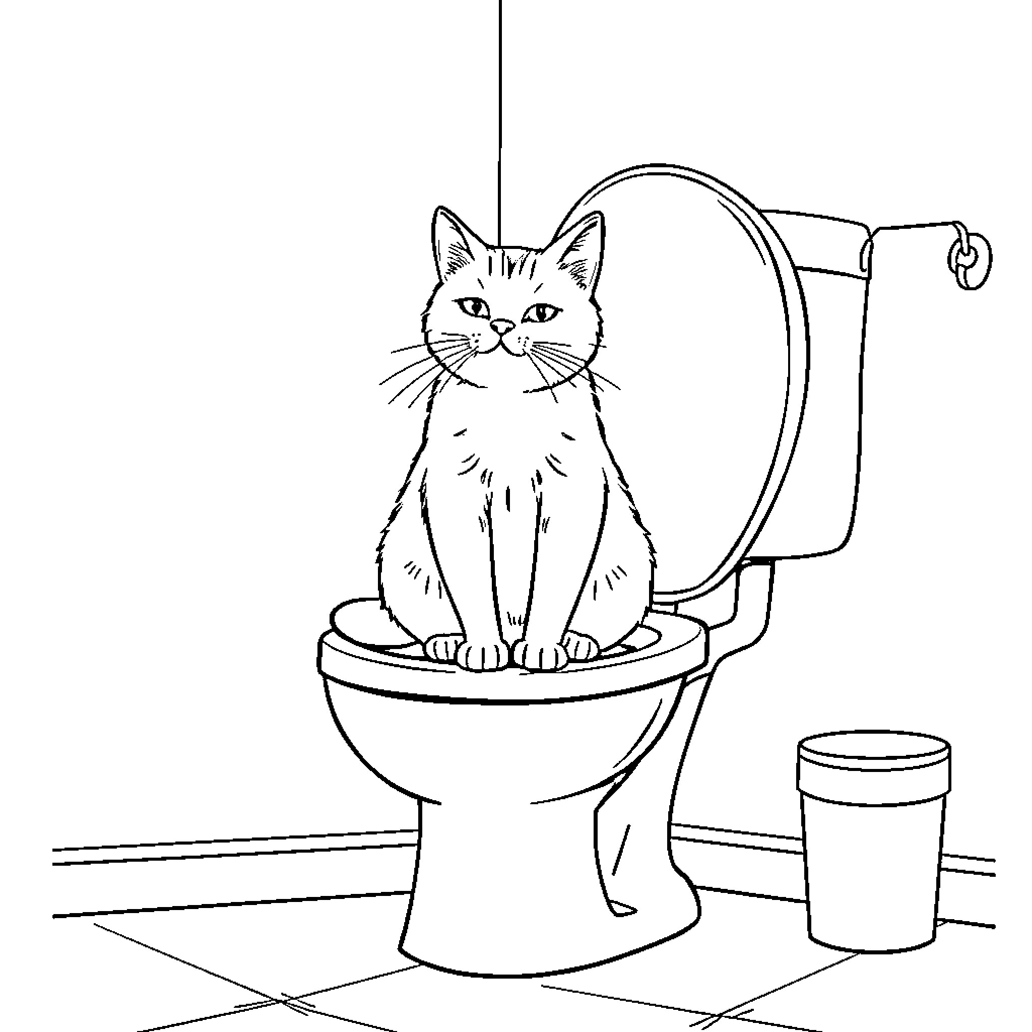 Cat sitting on toilet in bathroom Coloring Page (free black-and-white line drawing printable PDF for all, from beginners to advanced learners, including children, teens, adults, and seniors)