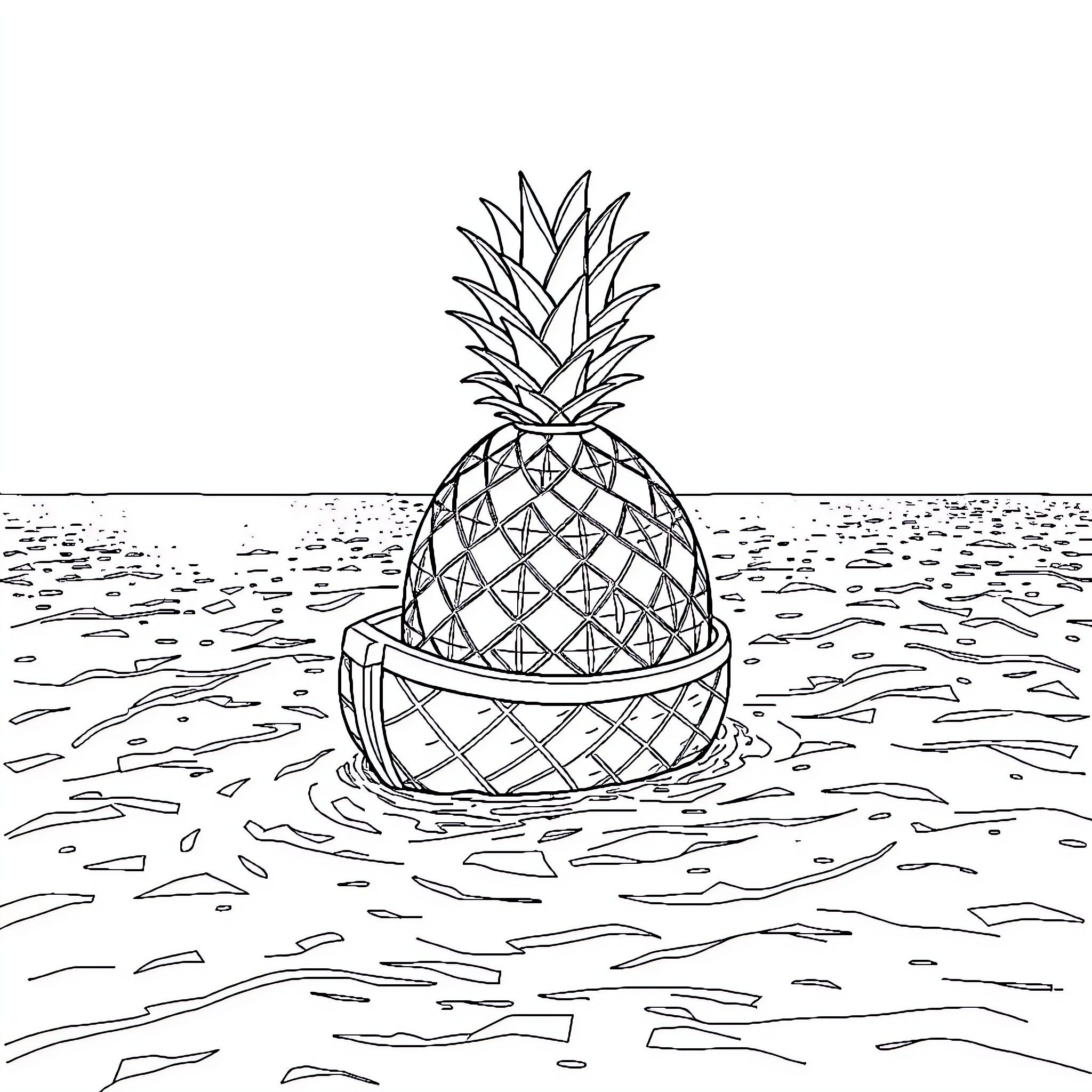 Pineapple Boat floating on the water Coloring Page (free black-and-white line drawing printable PDF for all, from beginners to advanced learners, including children, teens, adults, and seniors)