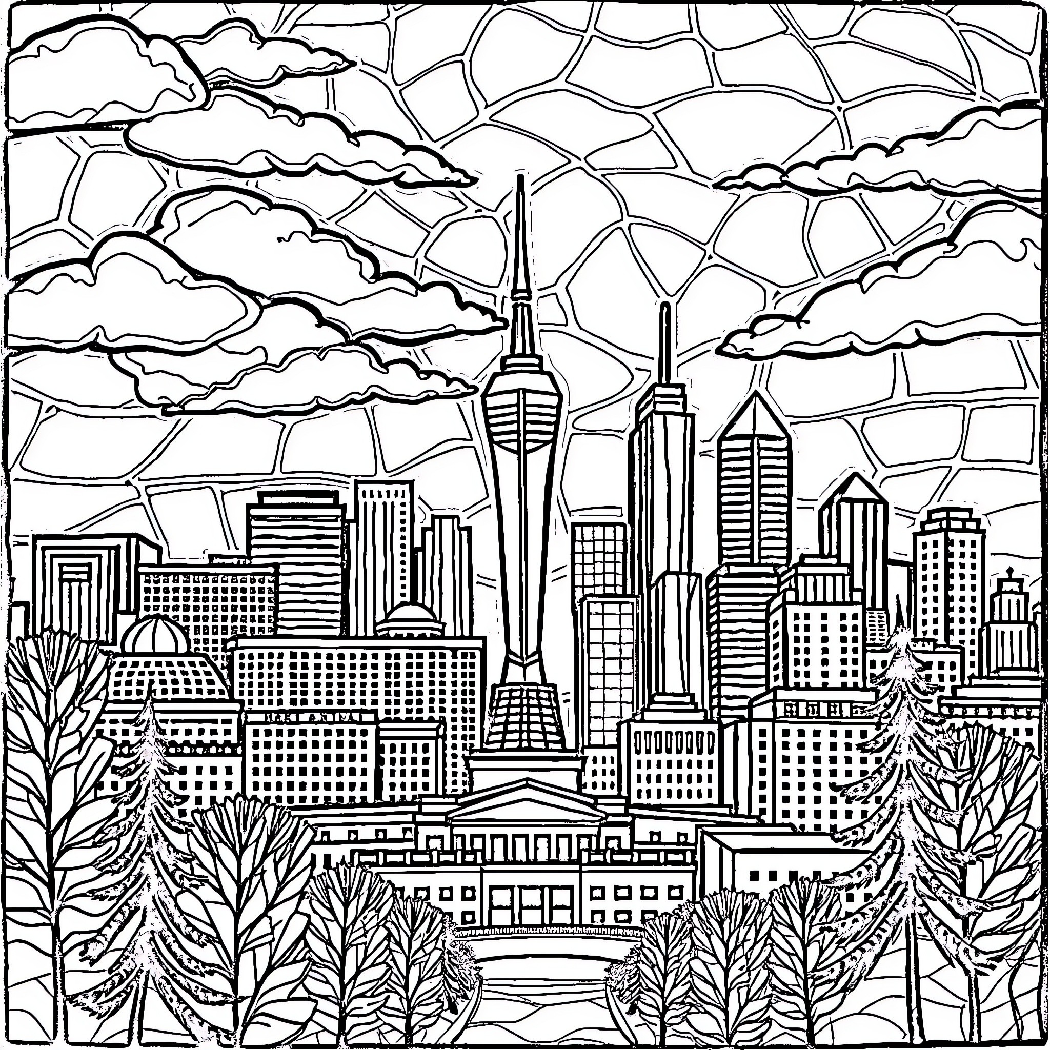 Stitch a Cityscape in the Clouds Coloring Page (free black-and-white line drawing printable PDF for all, from beginners to advanced learners, including children, teens, adults, and seniors)