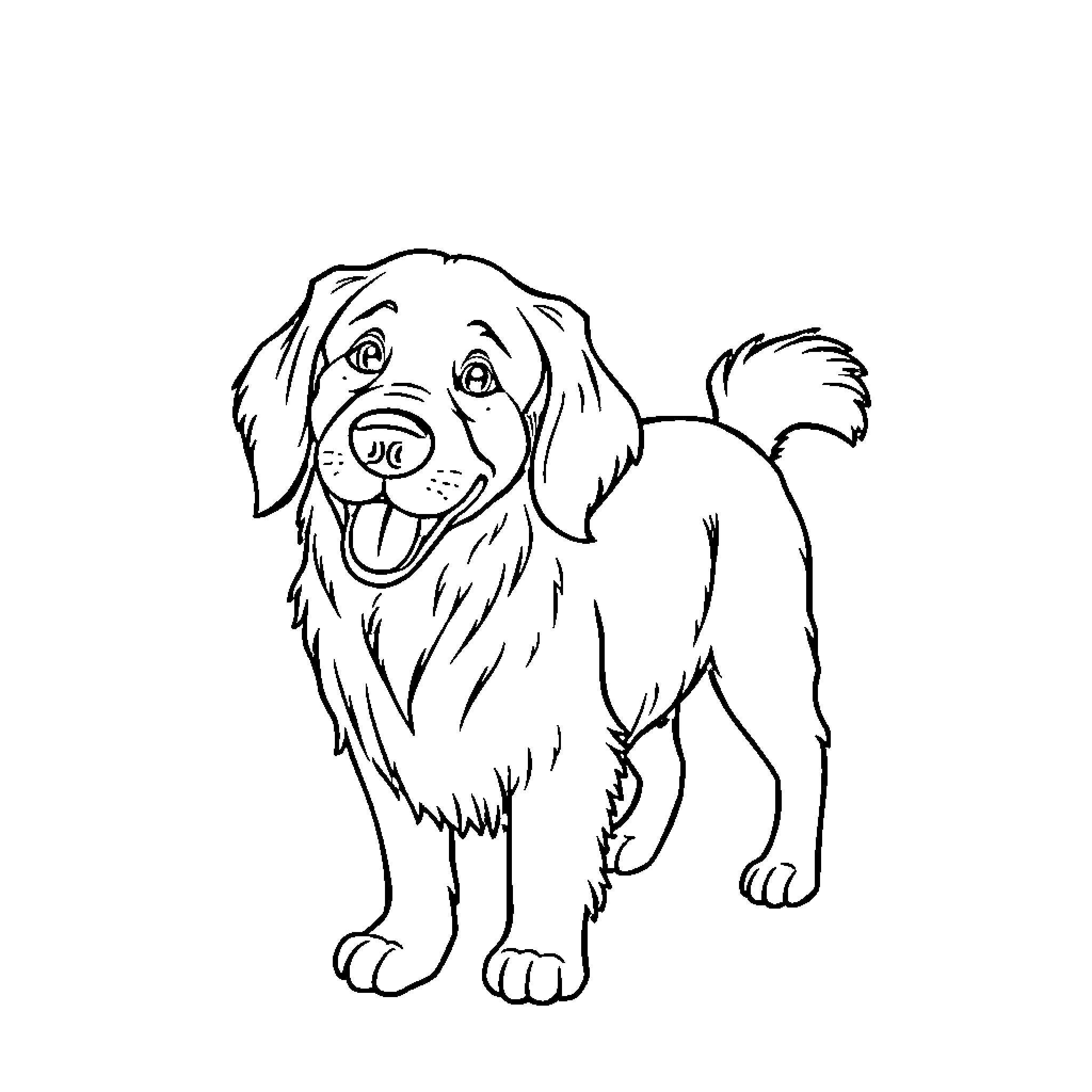 Golden Retriever wagging tail excitedly Coloring Page (free black-and-white line drawing printable PDF for all, from beginners to advanced learners, including children, teens, adults, and seniors)