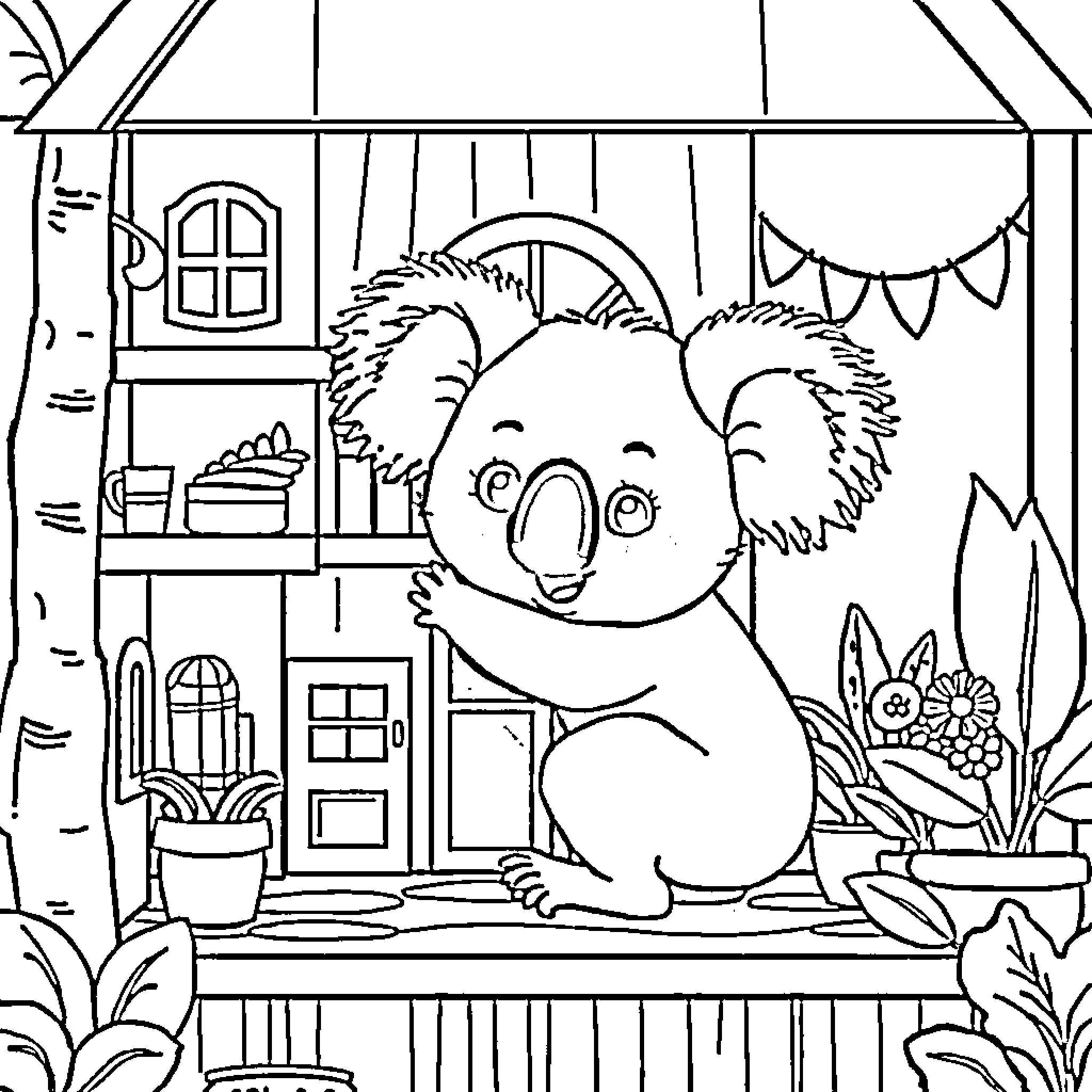 Koala relaxing in a cozy woodland home Coloring Page (free black-and-white line drawing printable PDF for all, from beginners to advanced learners, including children, teens, adults, and seniors)