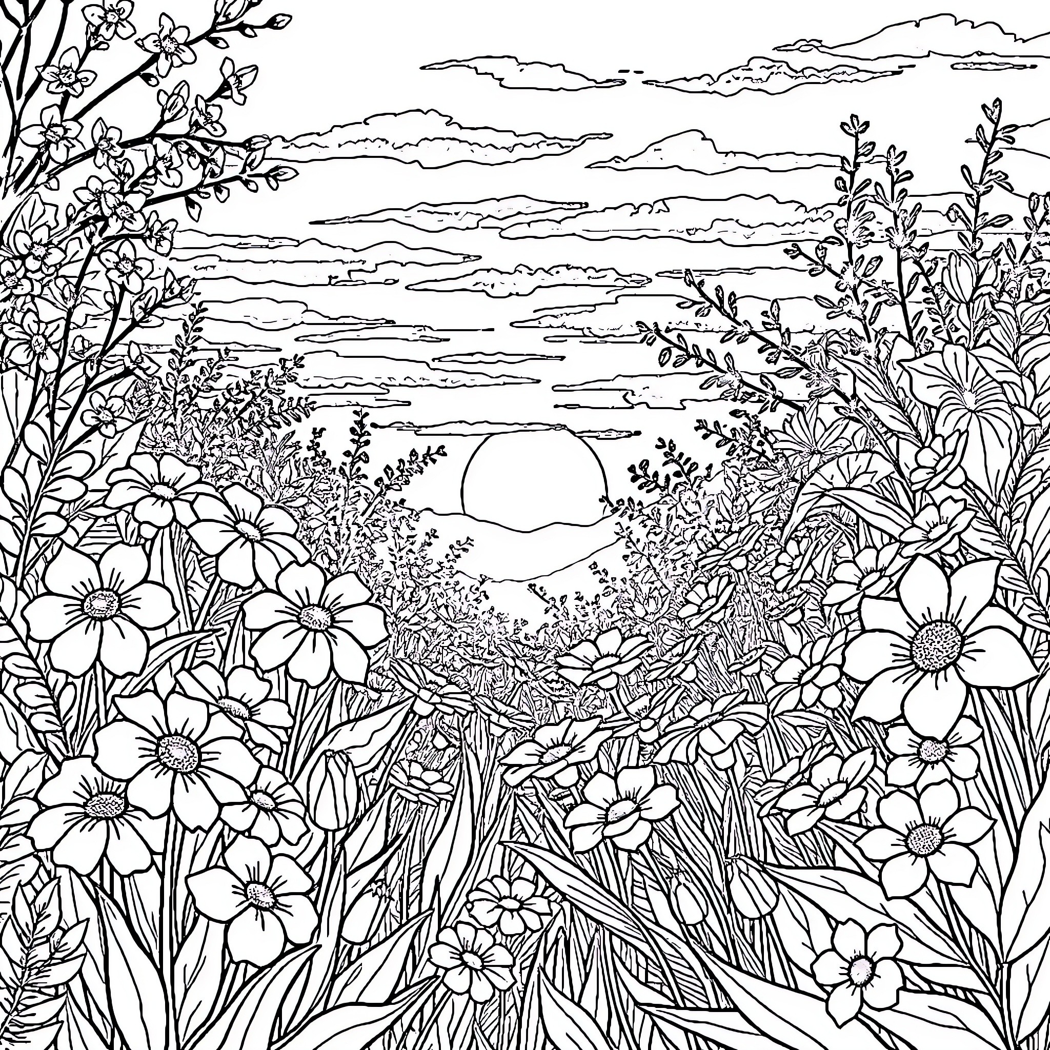 Flower Meadow Sunset Landscape with Blooming Plants Coloring Page (free black-and-white line drawing printable PDF for all, from beginners to advanced learners, including children, teens, adults, and seniors)