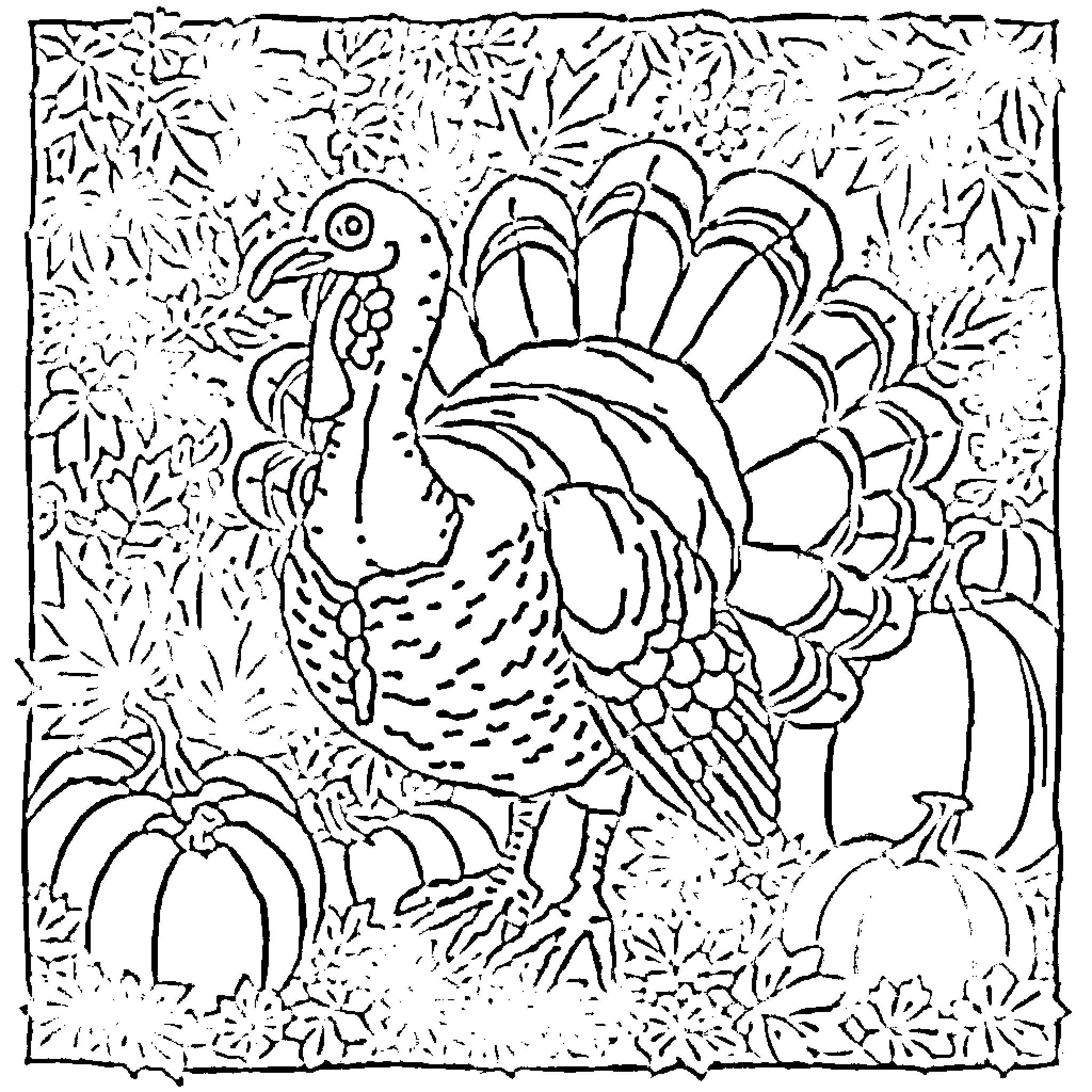Turkey surrounded by autumn foliage Coloring Page (free black-and-white line drawing printable PDF for all, from beginners to advanced learners, including children, teens, adults, and seniors)