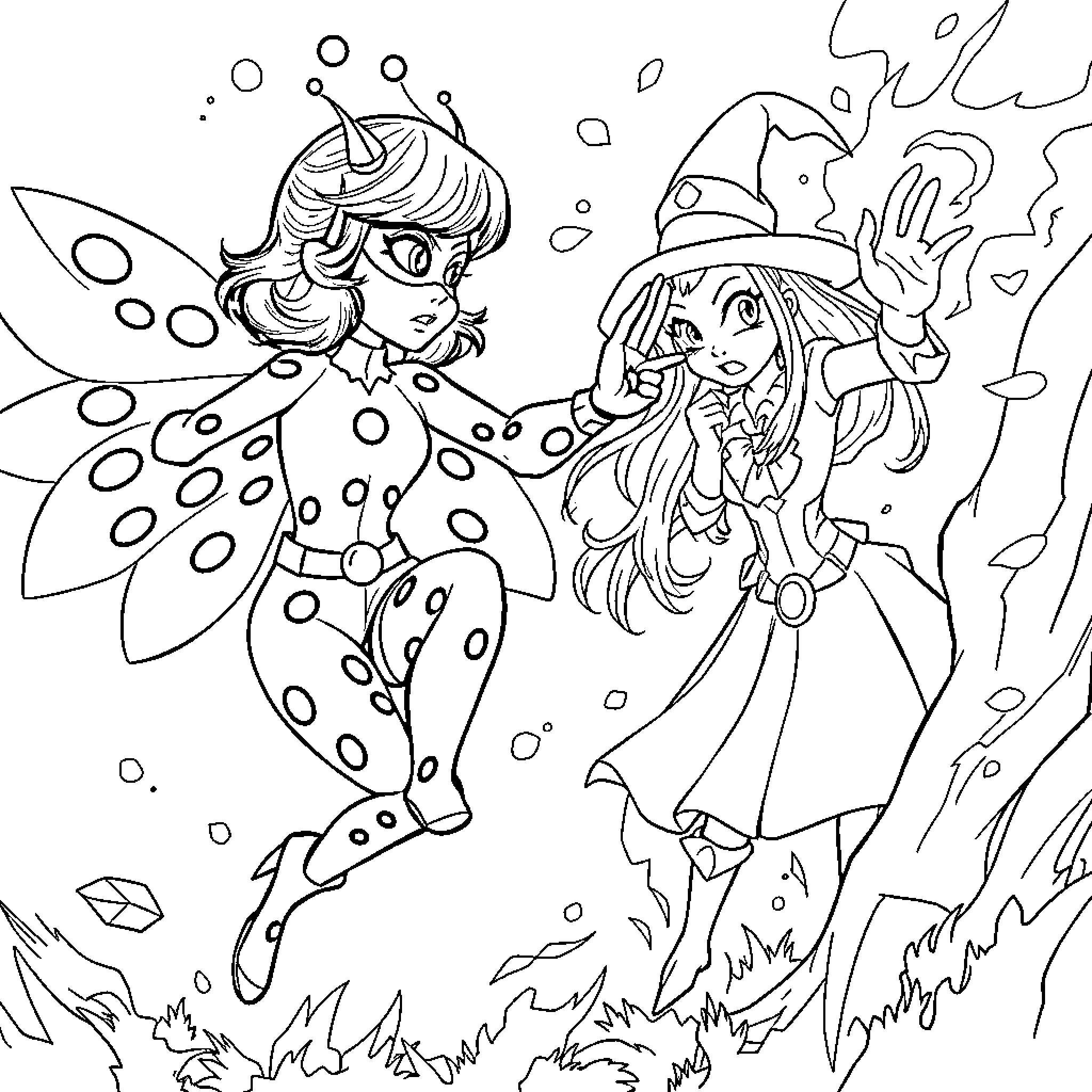 Marinette and Pixie Magic Adventure Coloring Page (free black-and-white line drawing printable PDF for all, from beginners to advanced learners, including children, teens, adults, and seniors)