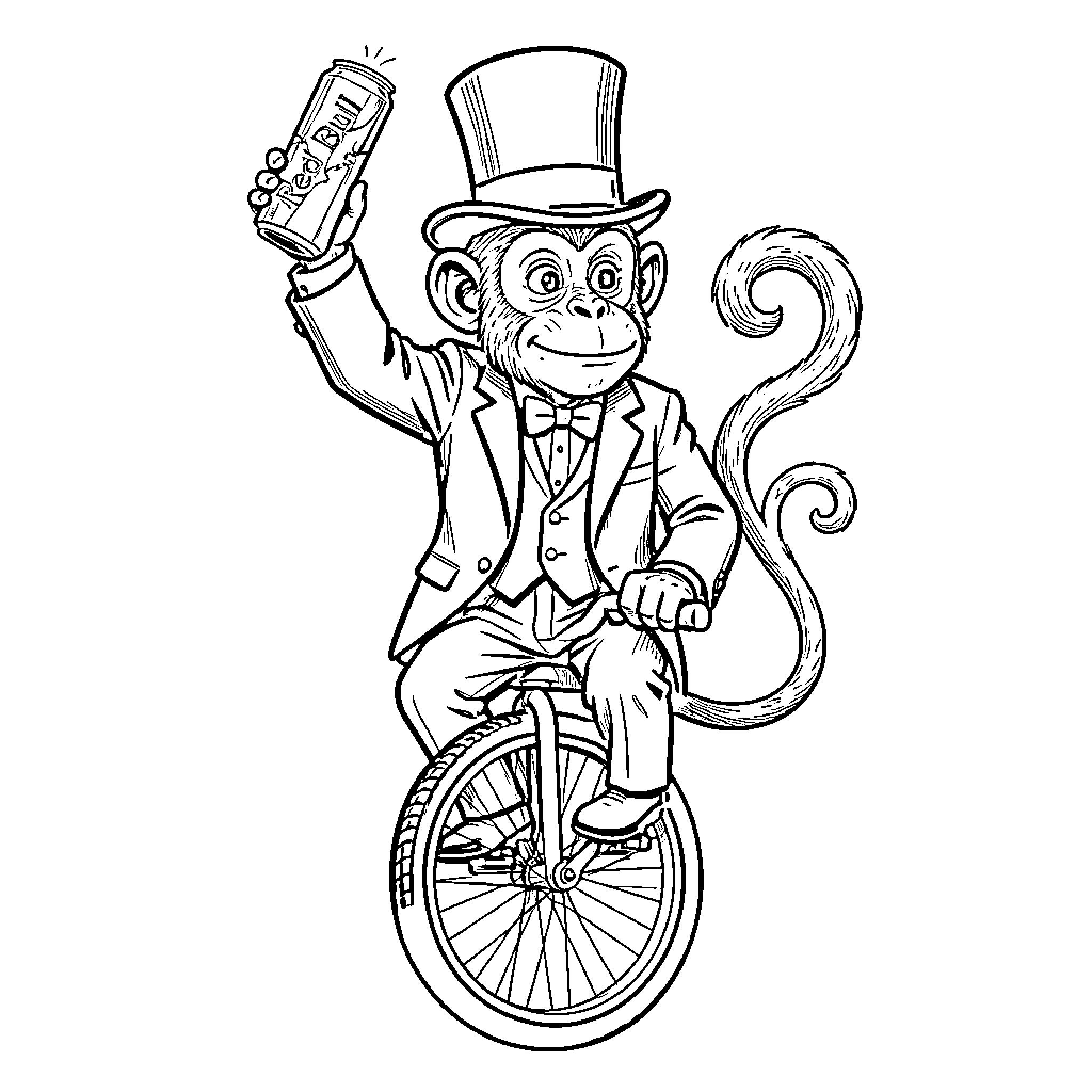 Monkey performing on a unicycle with a top hat Coloring Page (free black-and-white line drawing printable PDF for all, from beginners to advanced learners, including children, teens, adults, and seniors)
