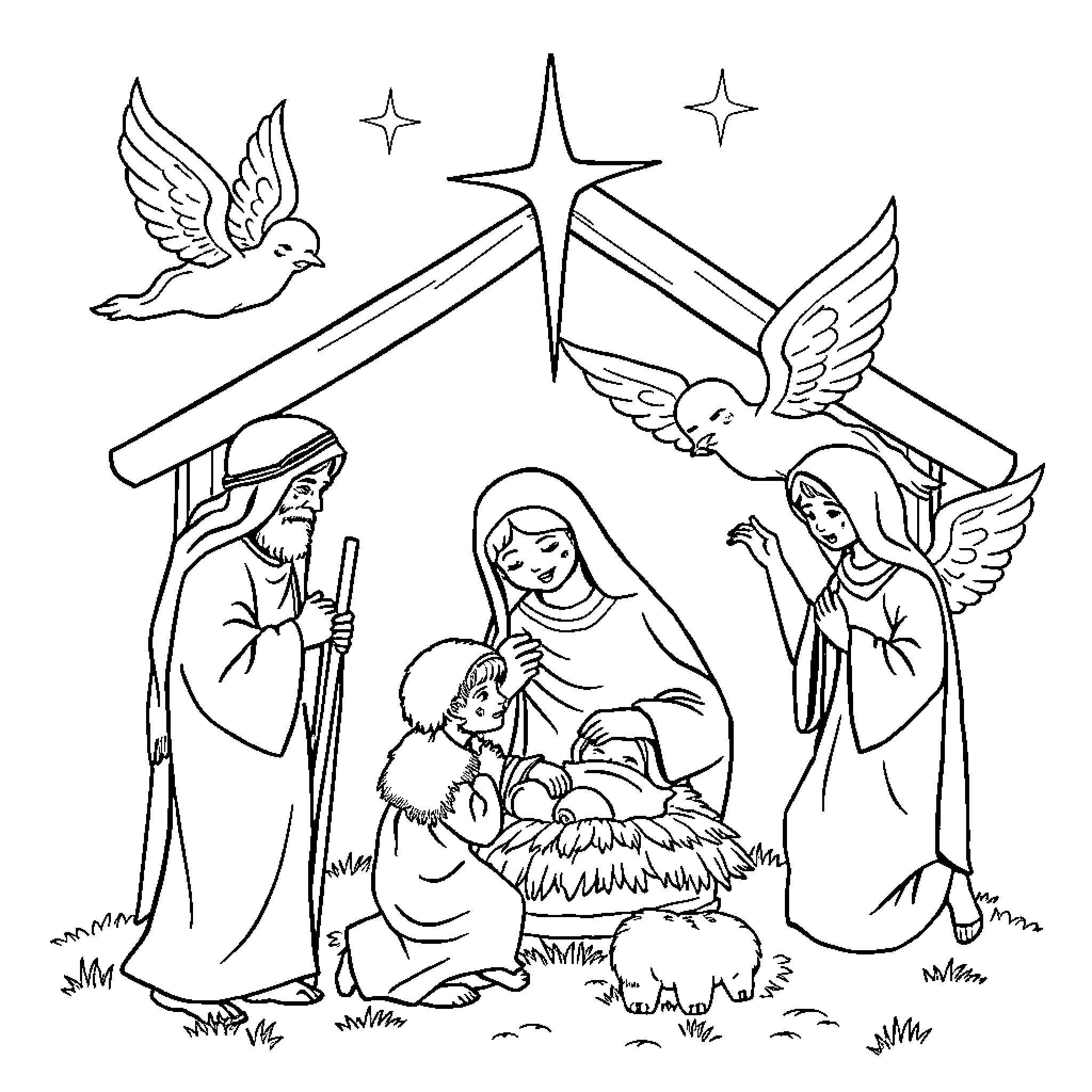 Nativity scene with holy family and angels Coloring Page (free black-and-white line drawing printable PDF for all, from beginners to advanced learners, including children, teens, adults, and seniors)