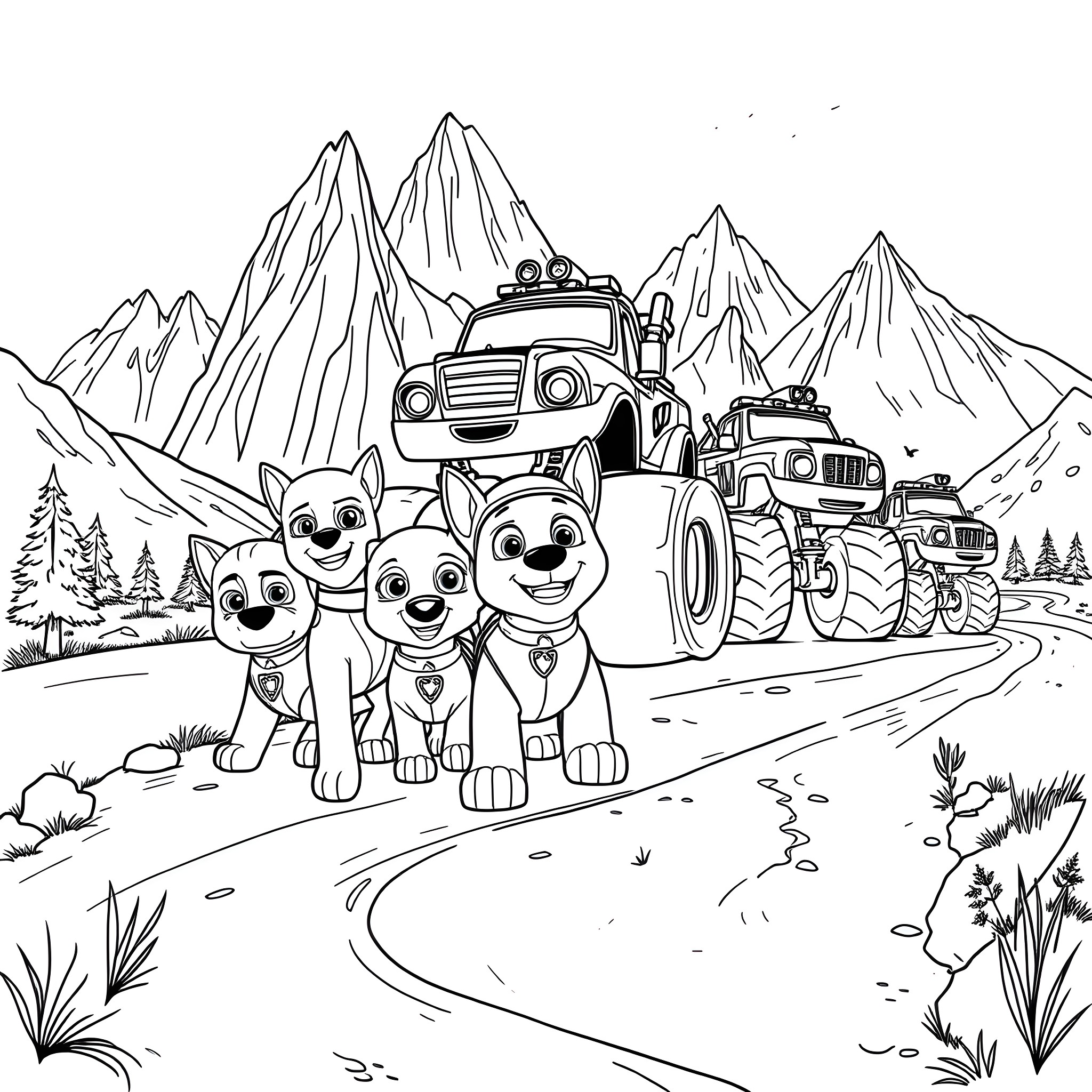 Paw Patrol on an Adventure in the Mountains Coloring Page (free black-and-white line drawing printable PDF for all, from beginners to advanced learners, including children, teens, adults, and seniors)