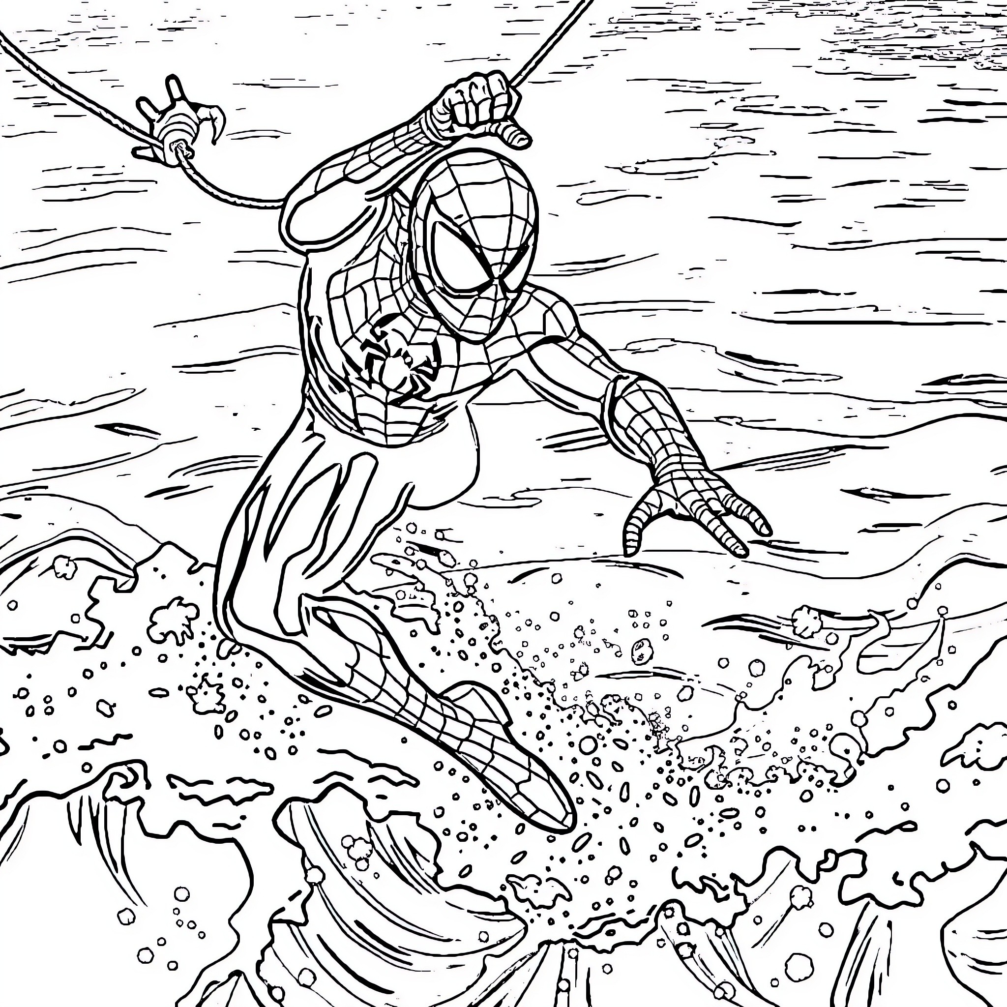 Spiderman swinging through the city in action Coloring Page (free black-and-white line drawing printable PDF for all, from beginners to advanced learners, including children, teens, adults, and seniors)