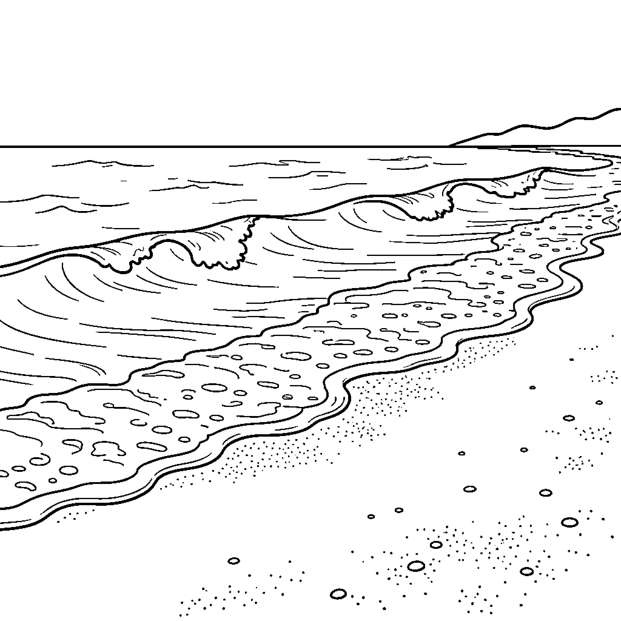 Beach waves gently washing onto the sandy shore Coloring Page (free black-and-white line drawing printable PDF for all, from beginners to advanced learners, including children, teens, adults, and seniors)