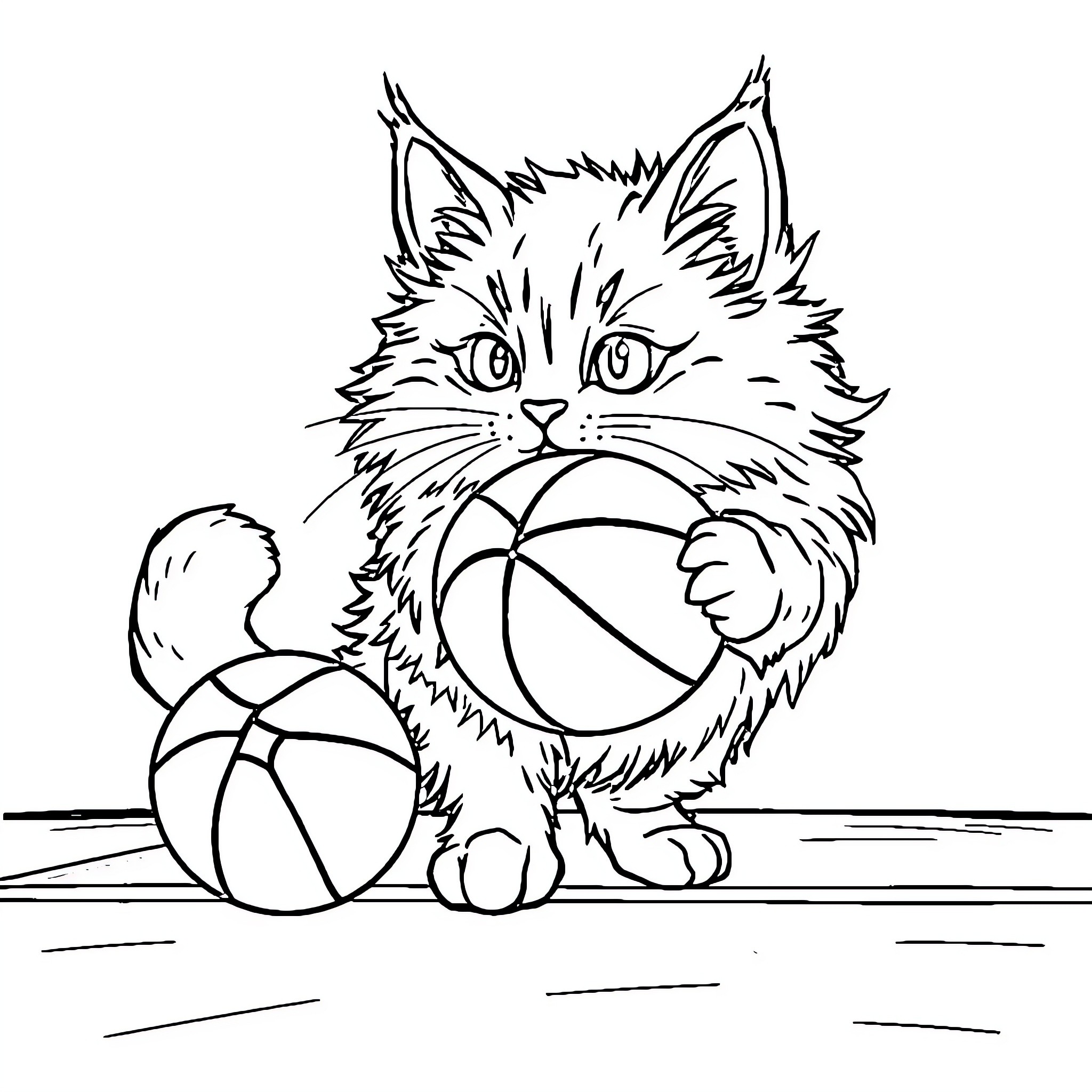 Cat playing with basketballs on the court Coloring Page (free black-and-white line drawing printable PDF for all, from beginners to advanced learners, including children, teens, adults, and seniors)