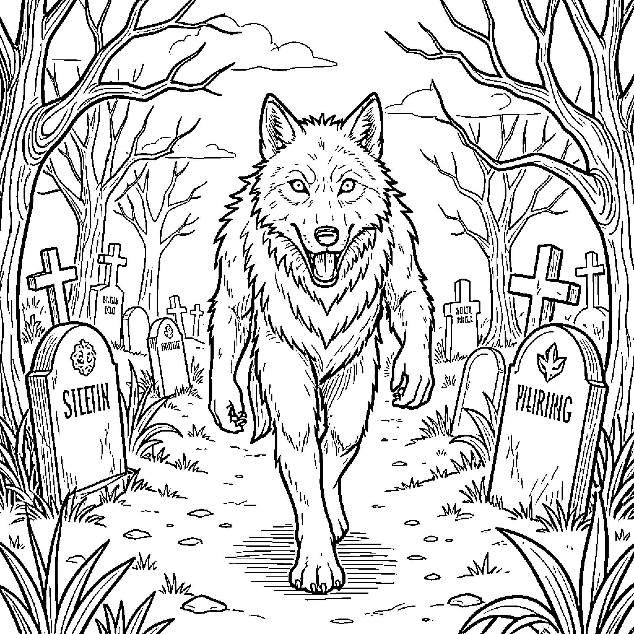 Werewolf walking menacingly through a dark graveyard Coloring Page (free black-and-white line drawing printable PDF for all, from beginners to advanced learners, including children, teens, adults, and seniors)