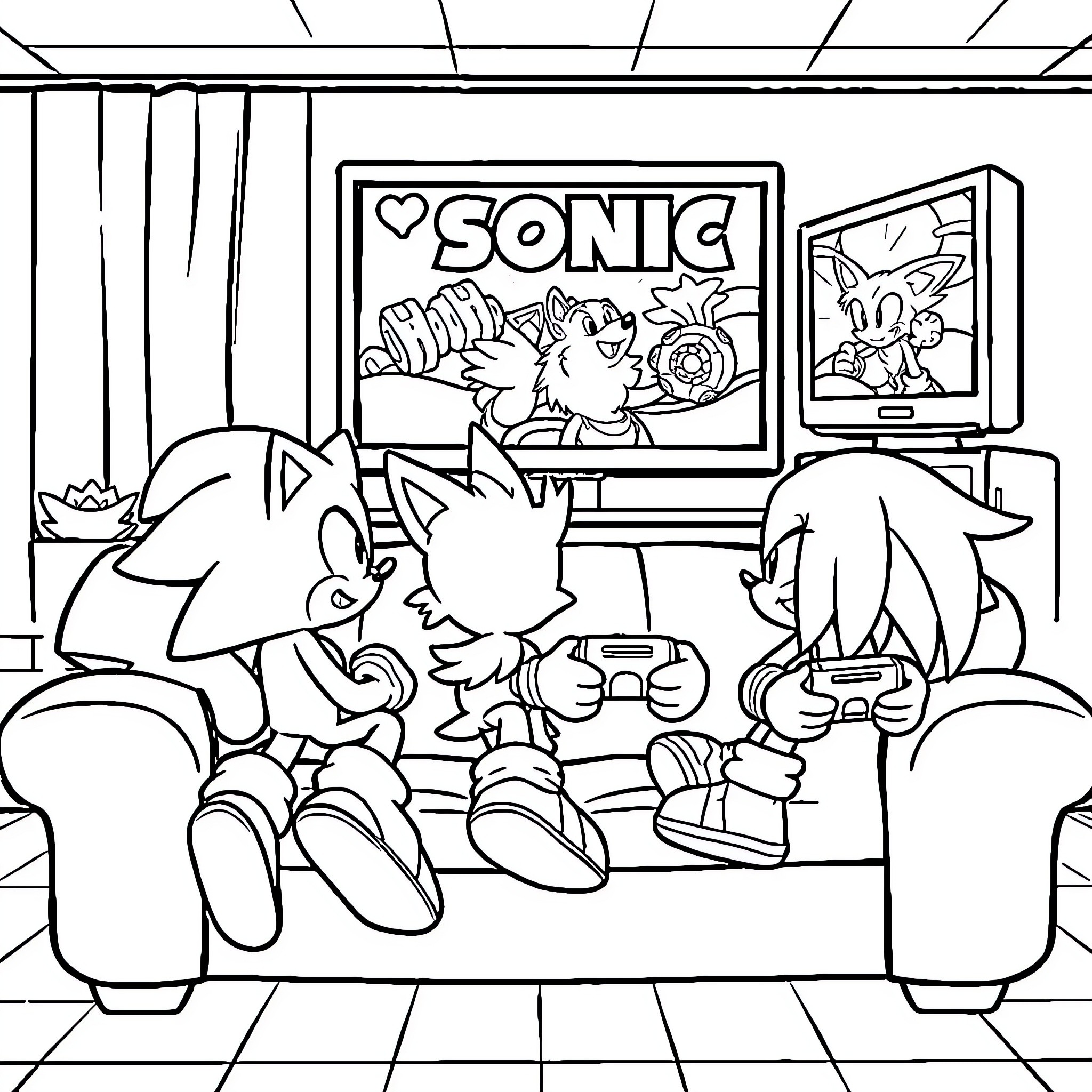Sonic characters enjoying video game art Coloring Page (free black-and-white line drawing printable PDF for all, from beginners to advanced learners, including children, teens, adults, and seniors)