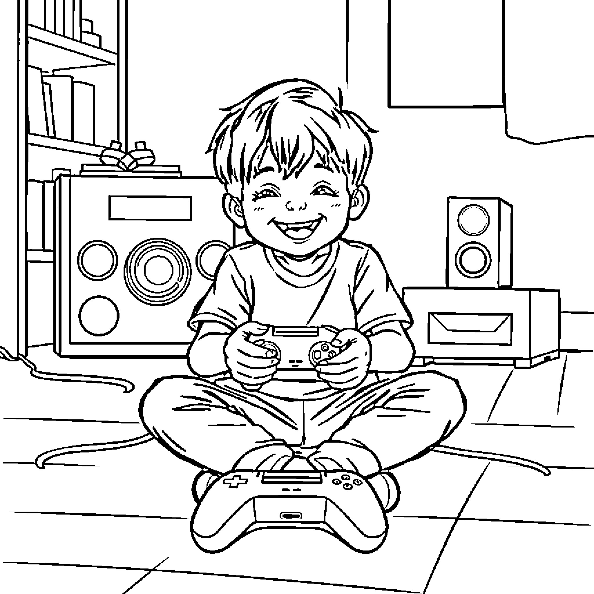 Kid playing video games happily in his room Coloring Page (free black-and-white line drawing printable PDF for all, from beginners to advanced learners, including children, teens, adults, and seniors)